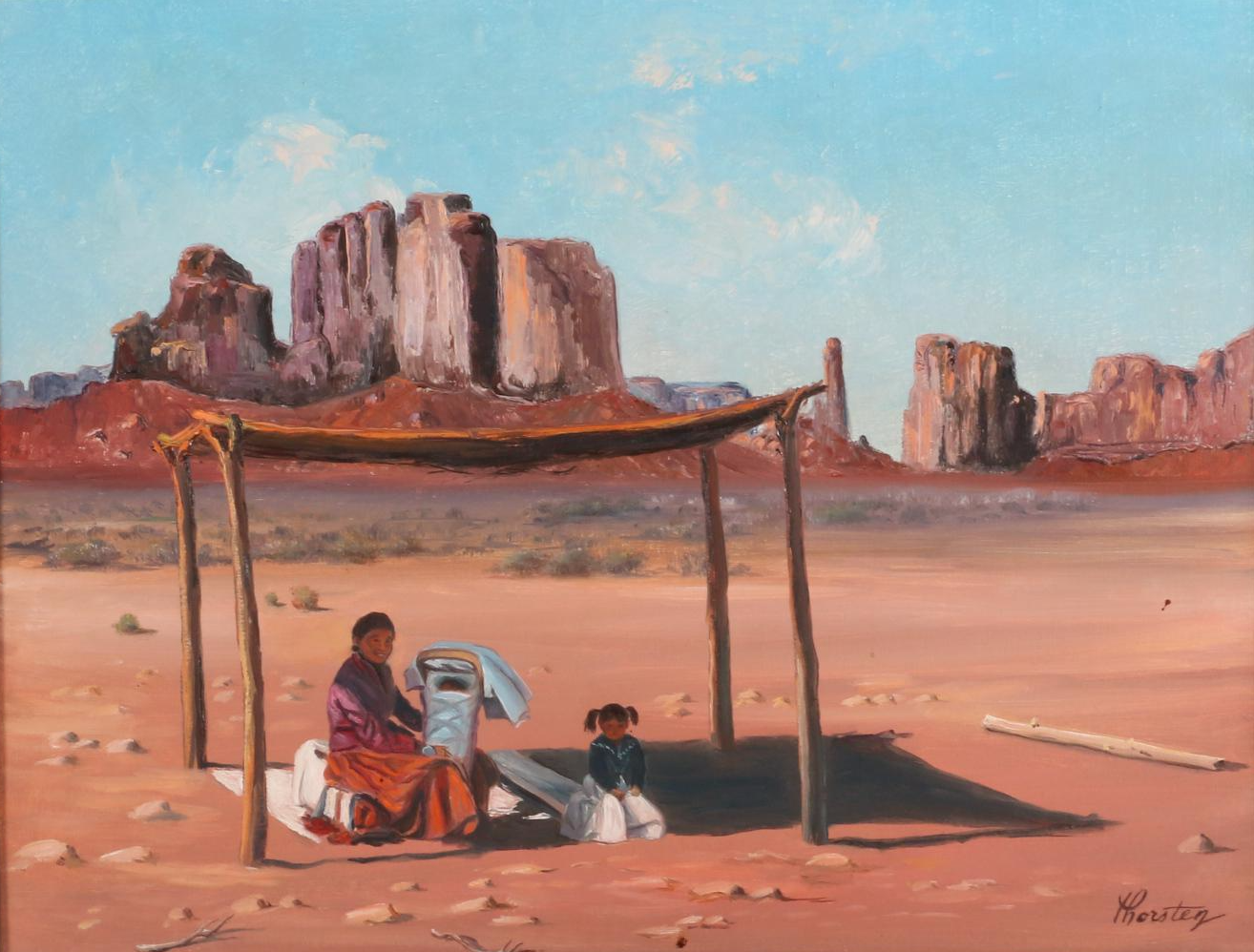 Lloyd R. Thorsten Oil Painting of Native American Mother and Children