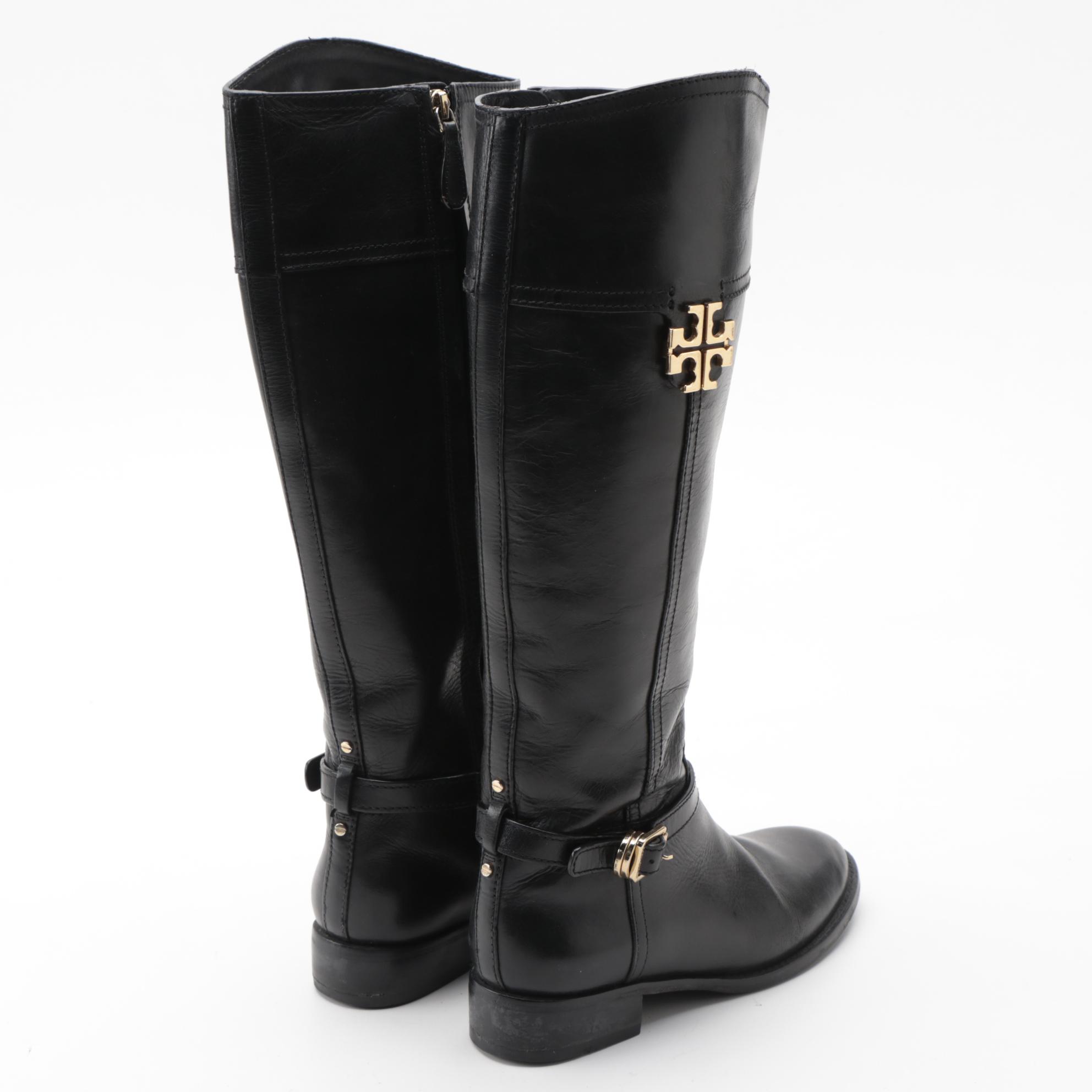 Tory Burch Eloise Black Leather Riding Boots
