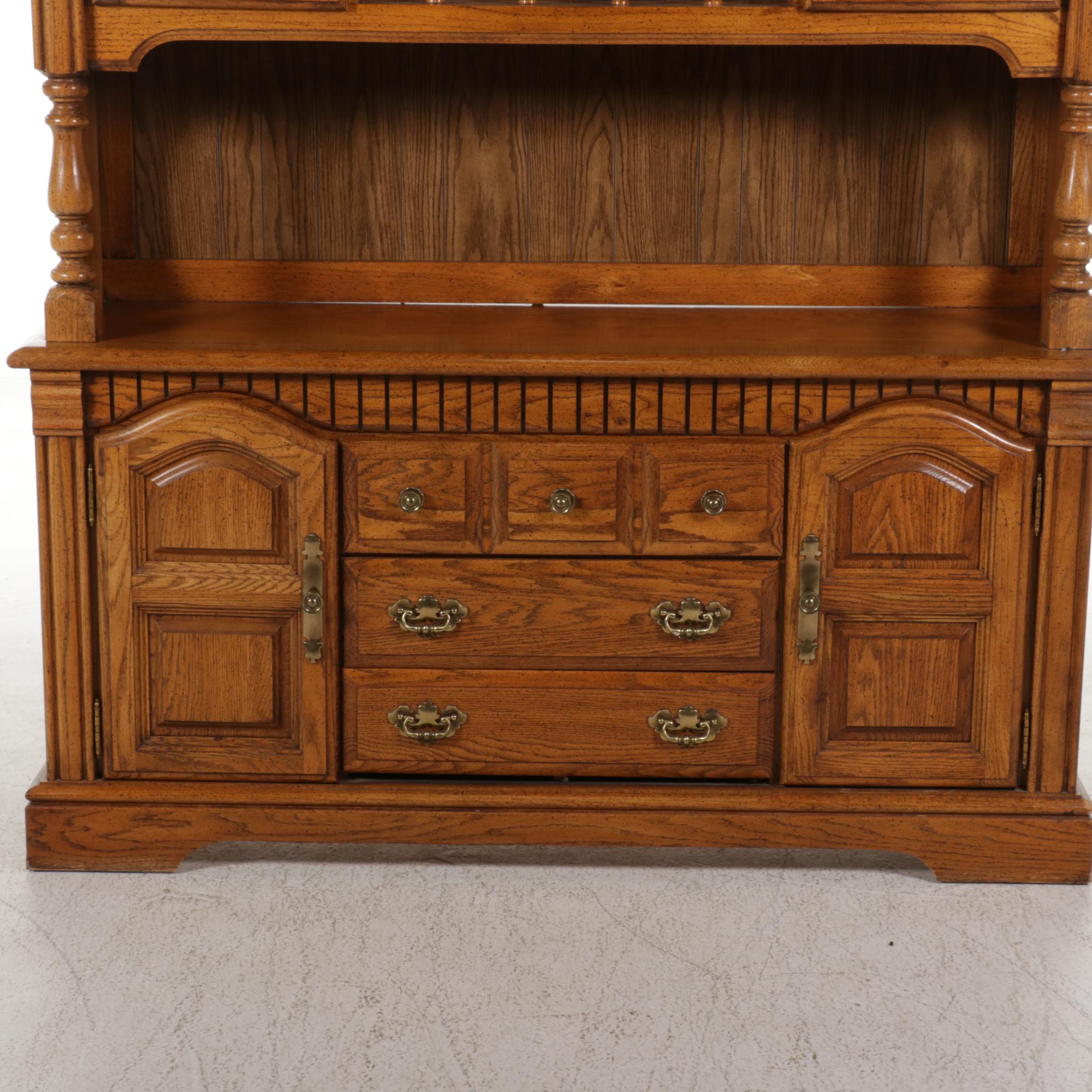Broyhill Oak Two-Piece Illuminated Kitchen Hutch, 1980s