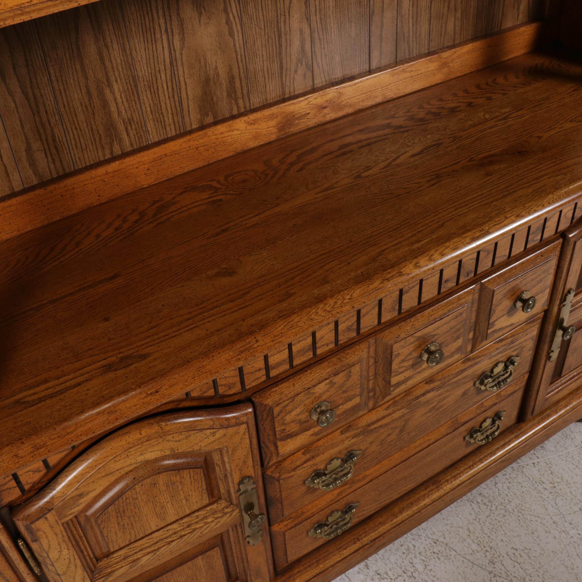 Broyhill Oak Two-Piece Illuminated Kitchen Hutch, 1980s