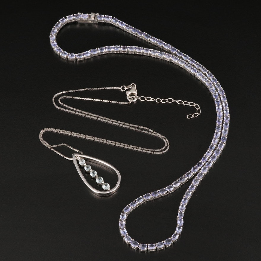 Sterling Tanzanite Line Necklace and Teardrop Necklace