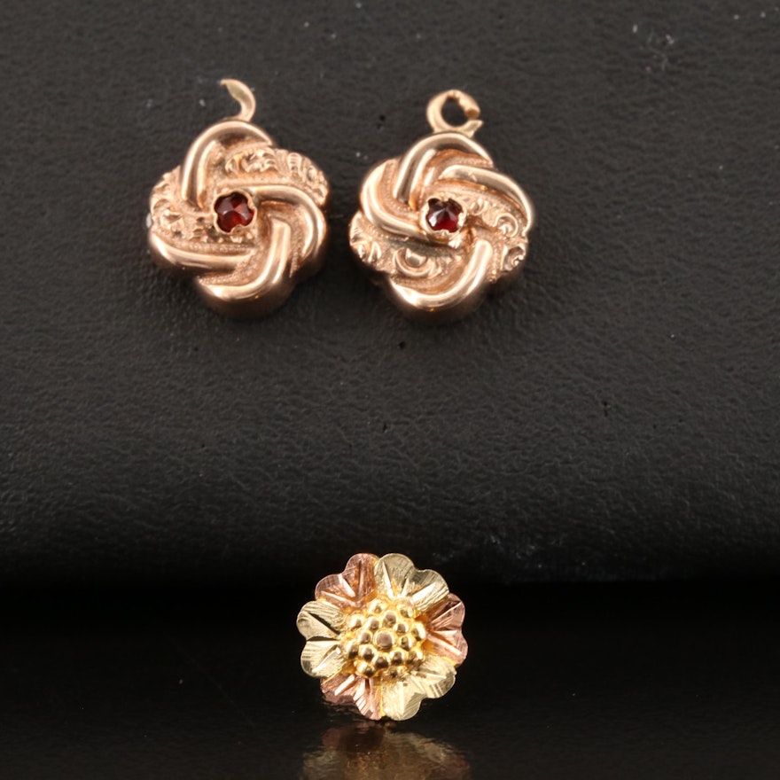 Scrap 10K Rose and Tri-Gold Single Earring and Garnet Earring Enhancers