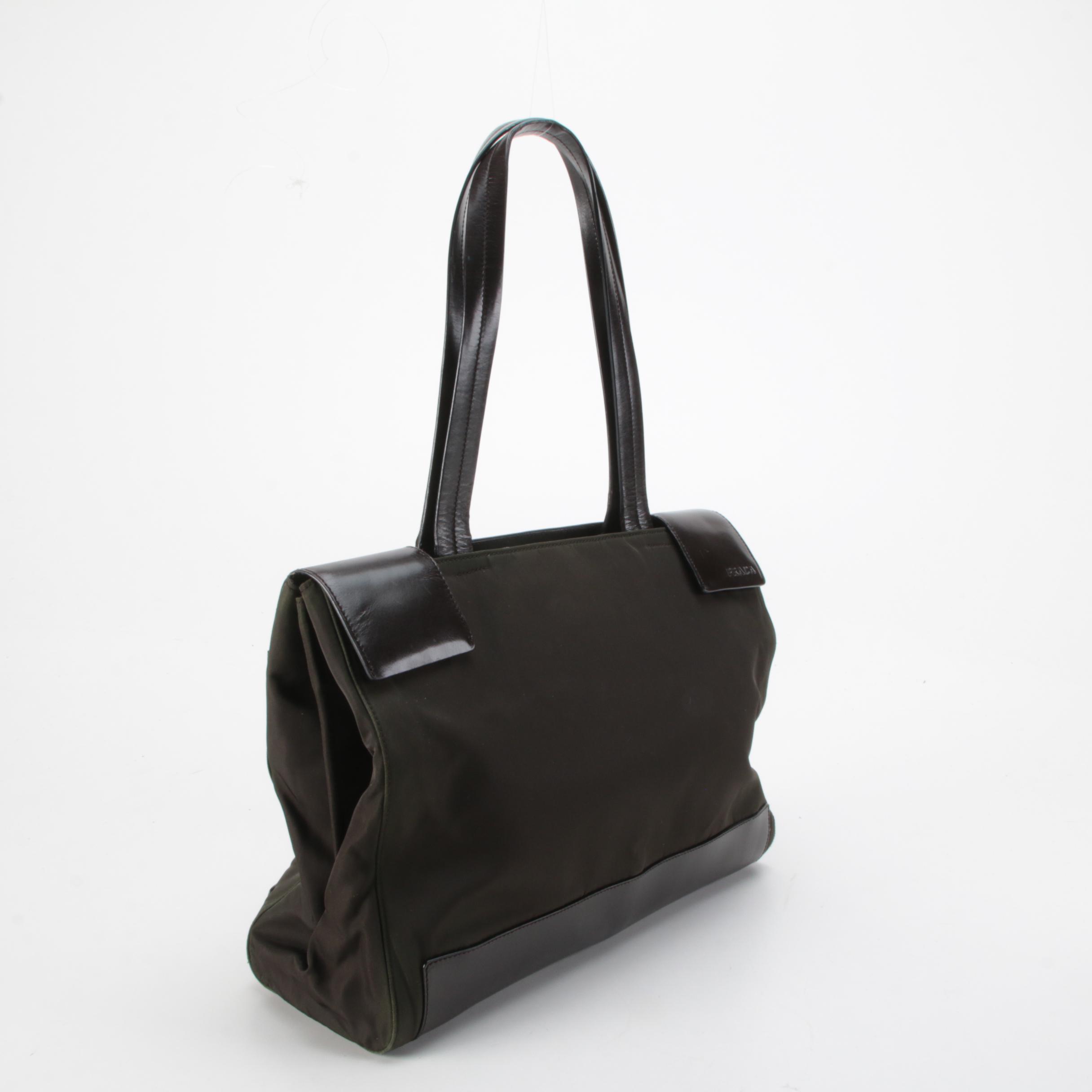 Prada Tote Bag in Dark Olive Green Nylon and Brown Leather