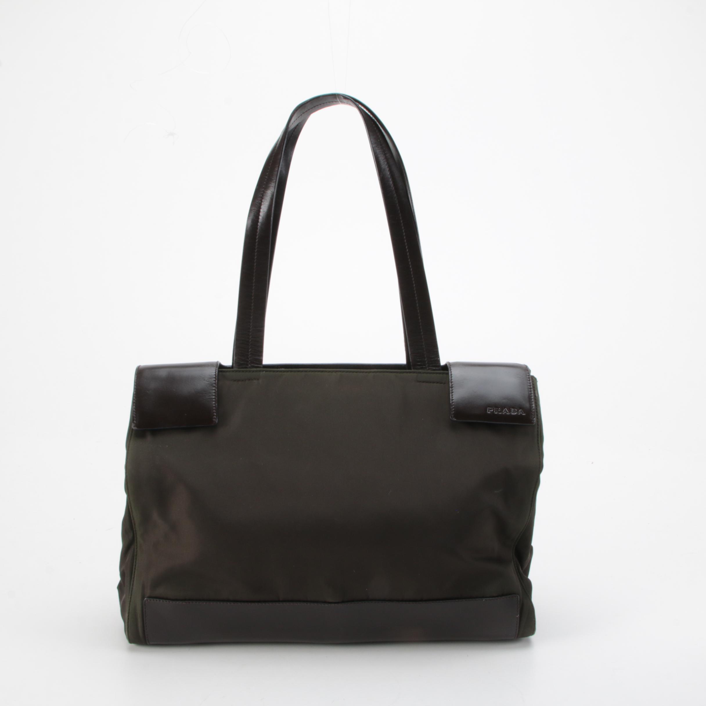 Prada Tote Bag in Dark Olive Green Nylon and Brown Leather