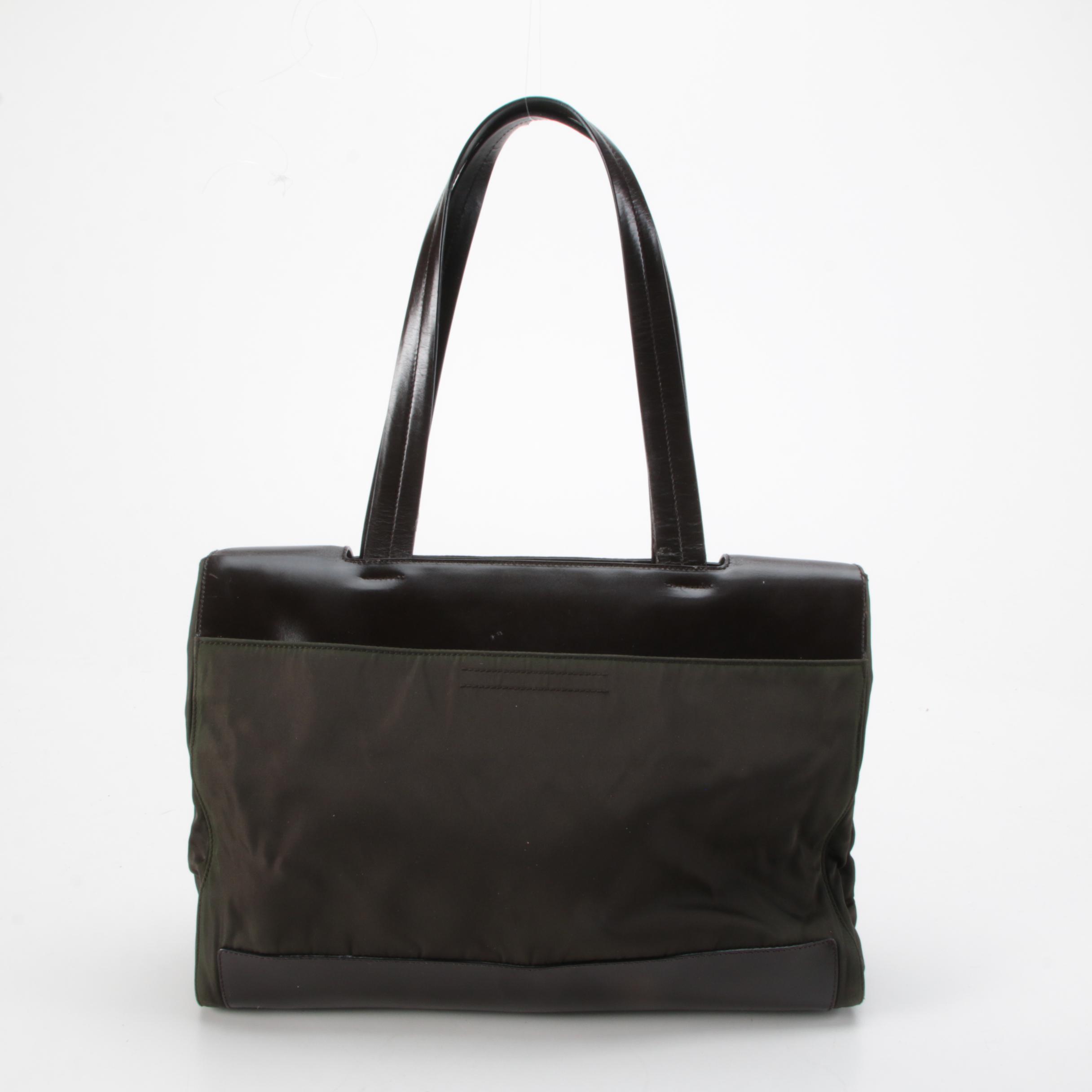 Prada Tote Bag in Dark Olive Green Nylon and Brown Leather