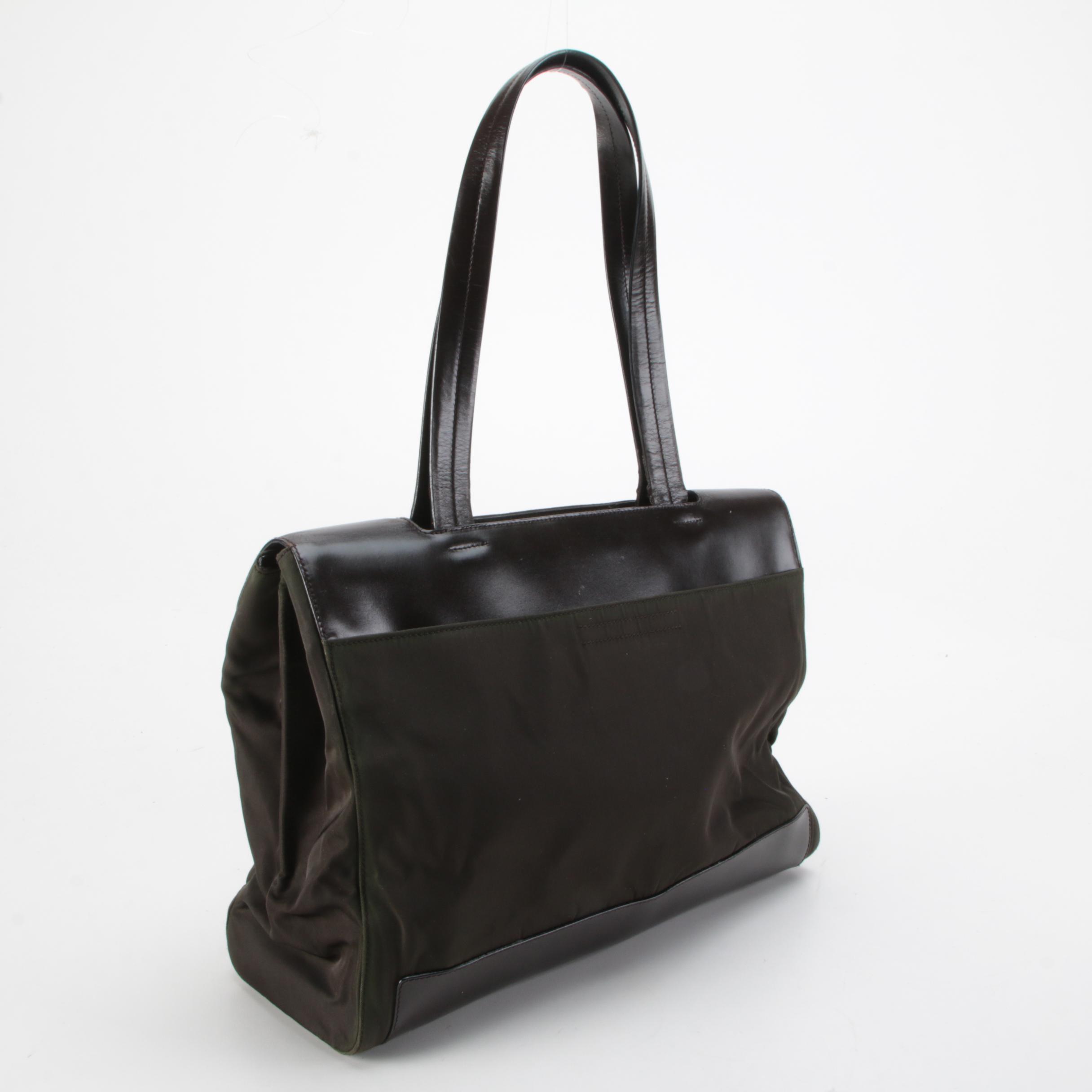 Prada Tote Bag in Dark Olive Green Nylon and Brown Leather