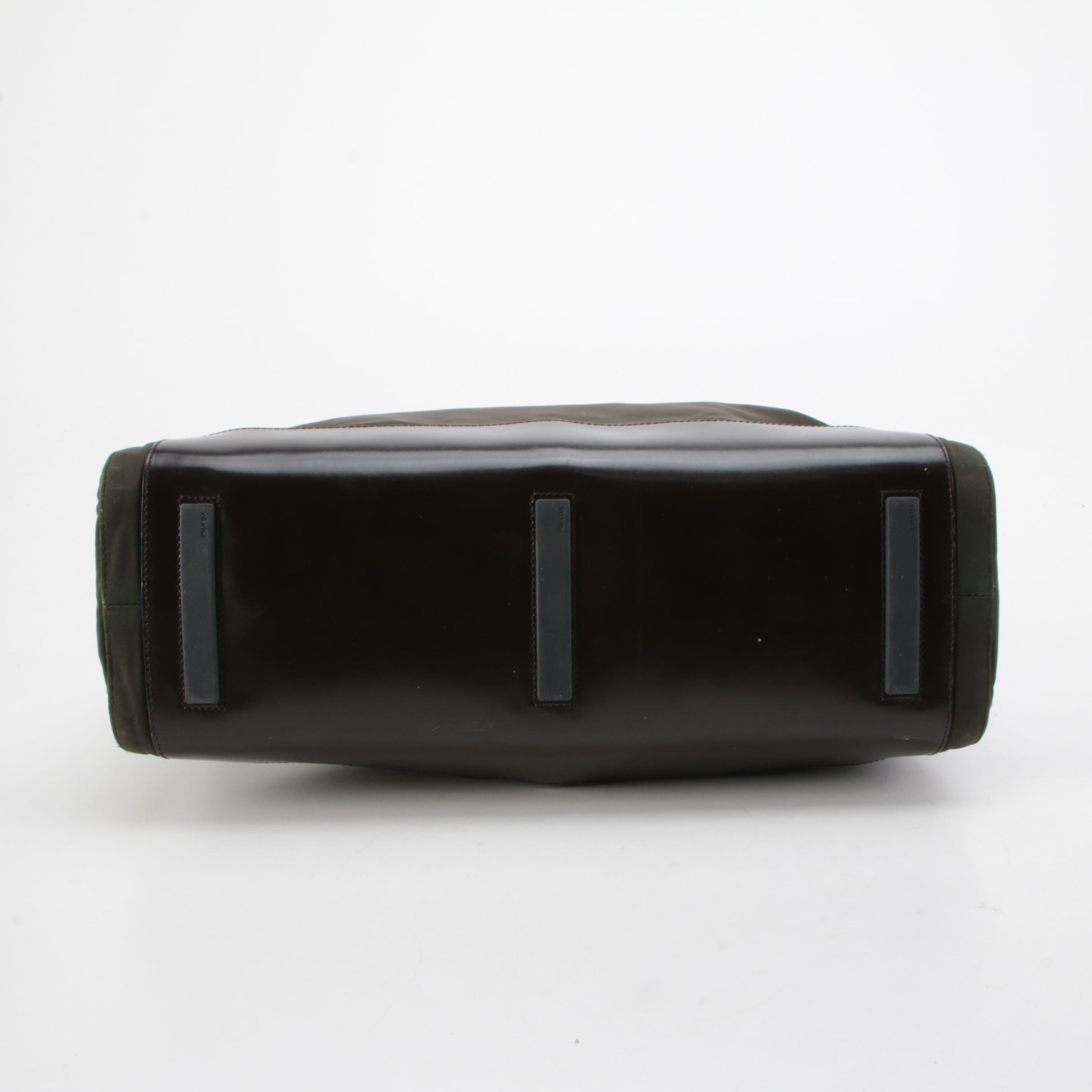 Prada Tote Bag in Dark Olive Green Nylon and Brown Leather