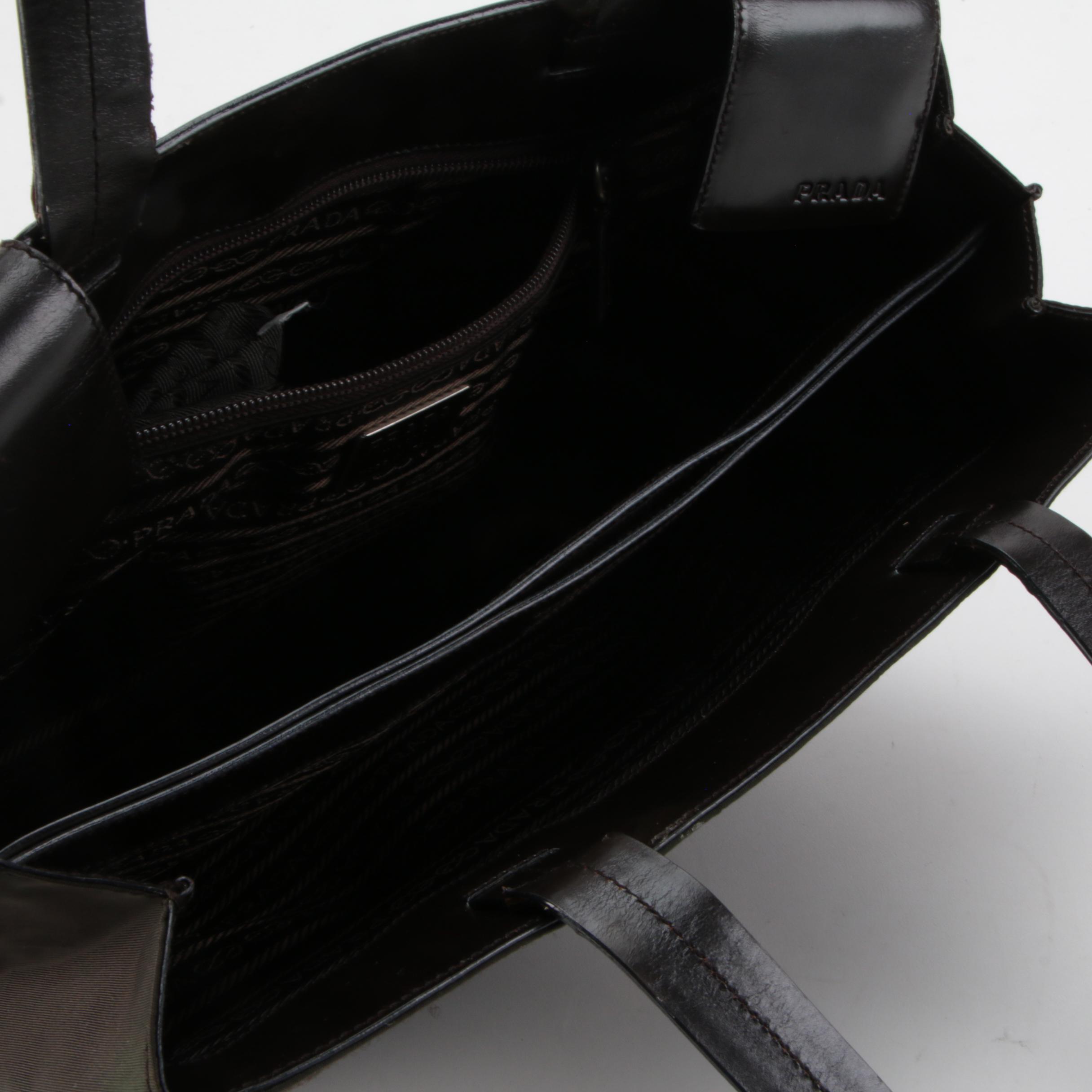 Prada Tote Bag in Dark Olive Green Nylon and Brown Leather