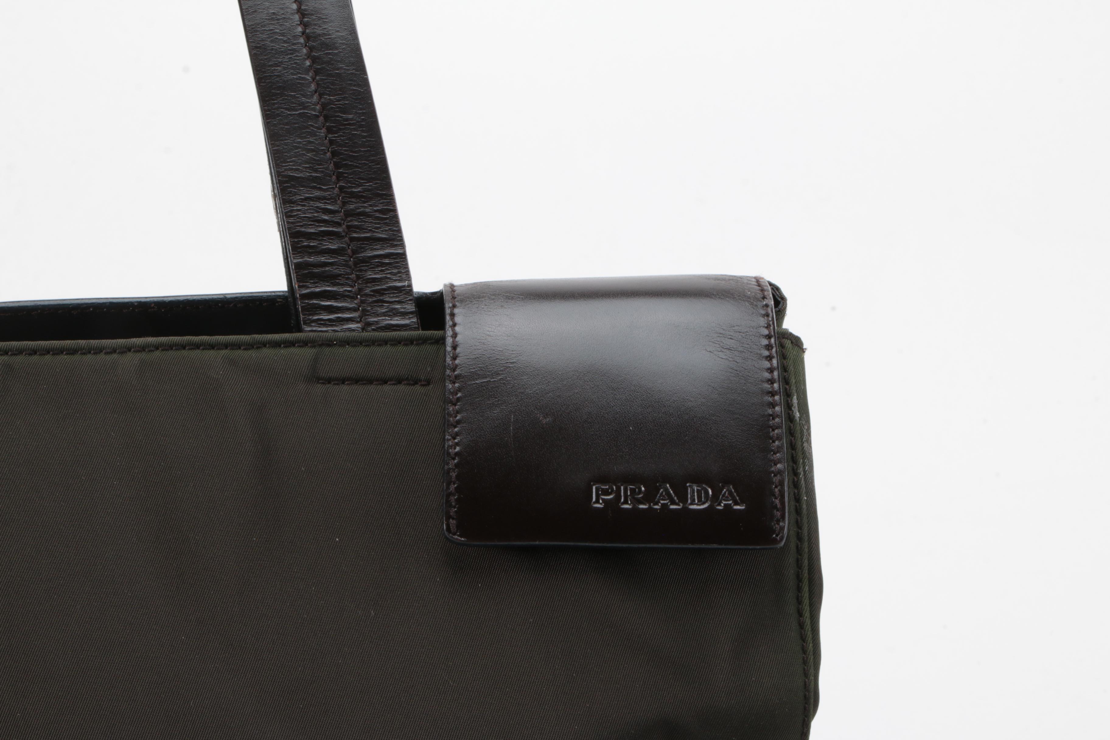 Prada Tote Bag in Dark Olive Green Nylon and Brown Leather