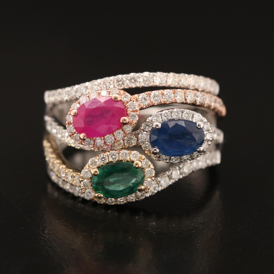 EFFY 14K Tri-Colored 1.01 Diamond Ring with Sapphire, Emerald and Ruby