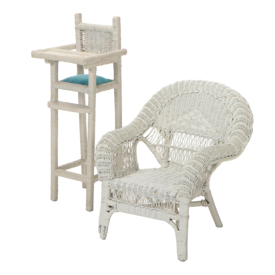 Painted Wicker Doll-Size High Chair and Child's Armchair