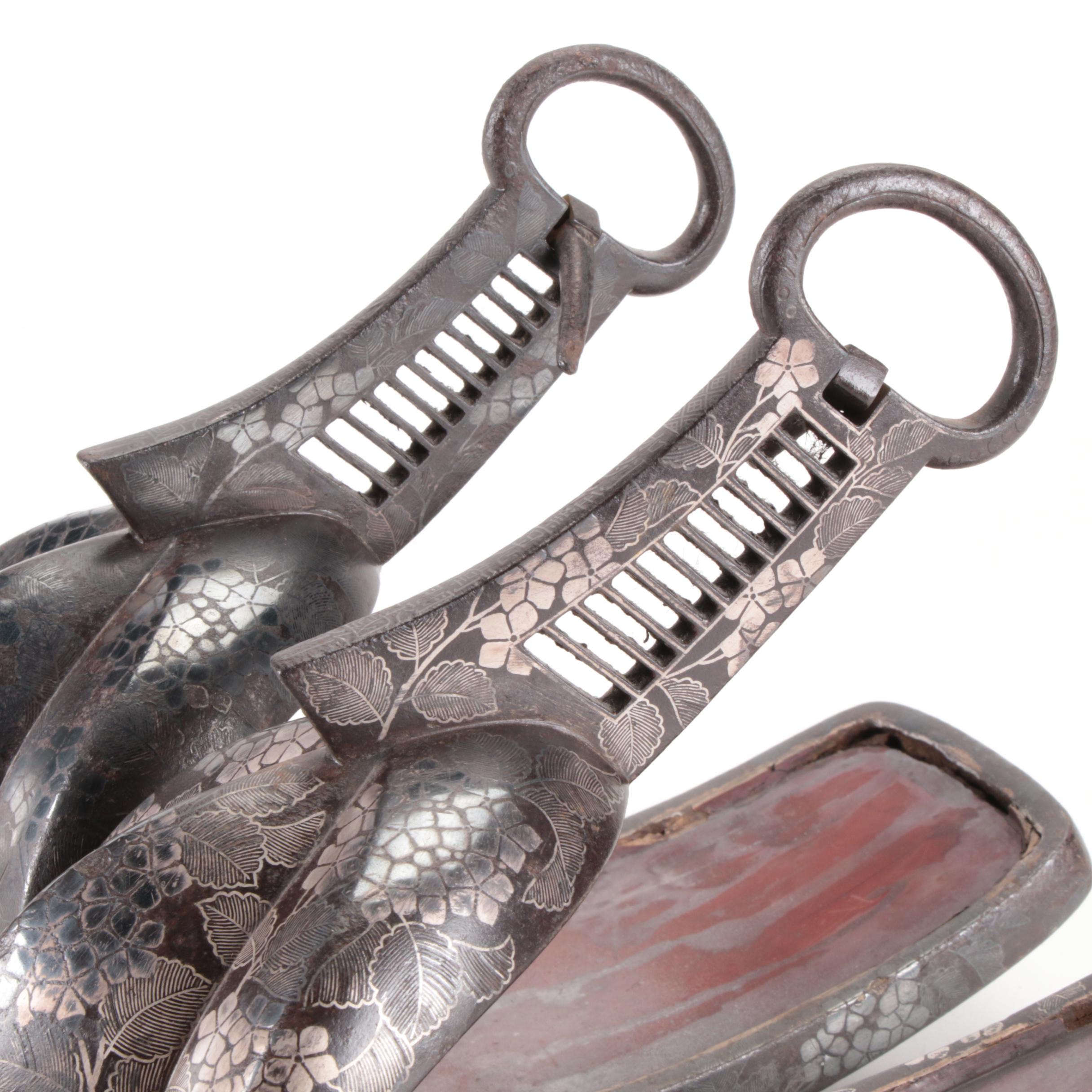 Japanese Iron and Lacquerware Samurai Abumi Stirrups, Edo Period