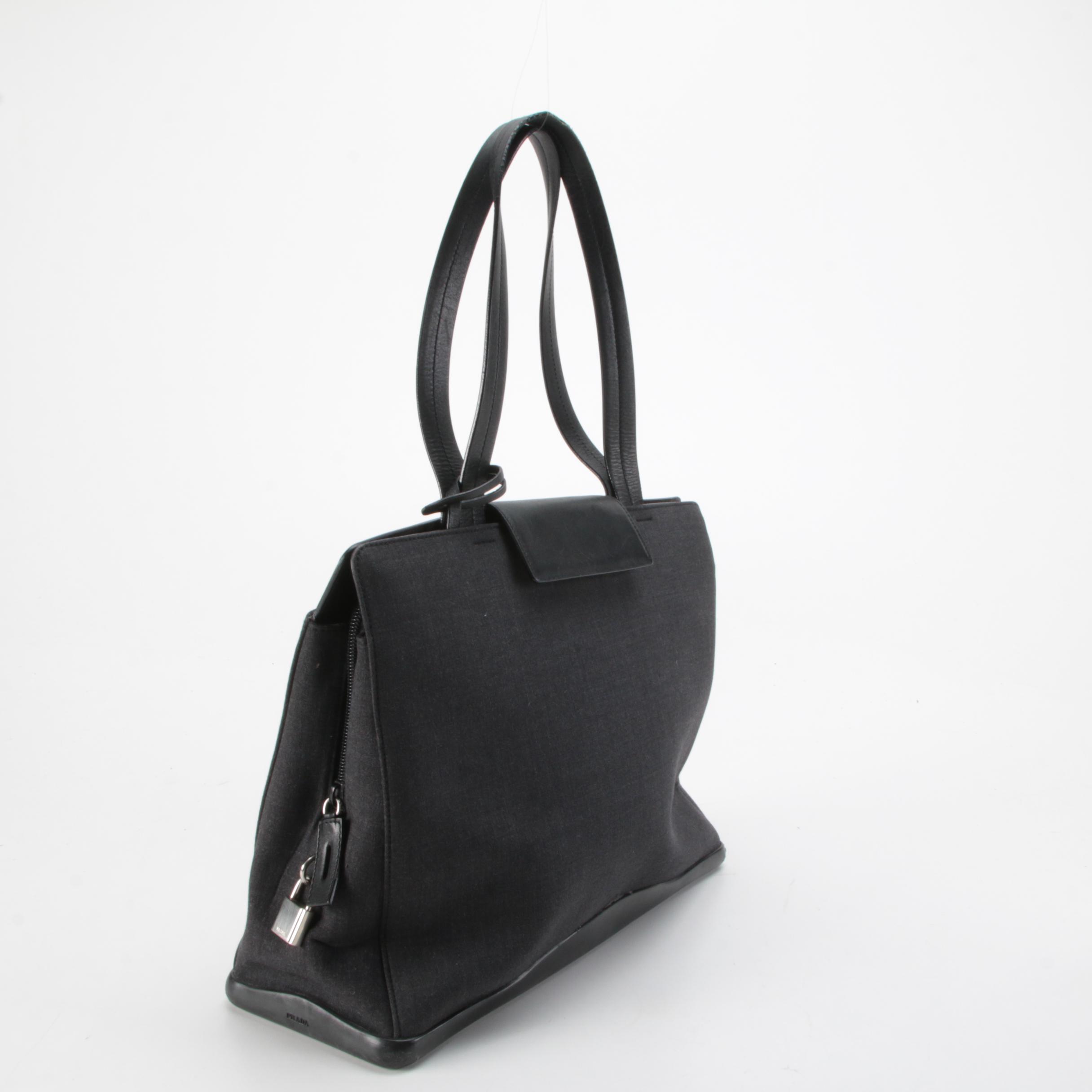 Prada Tote Bag in Grey Nylon Textile and Black Leather