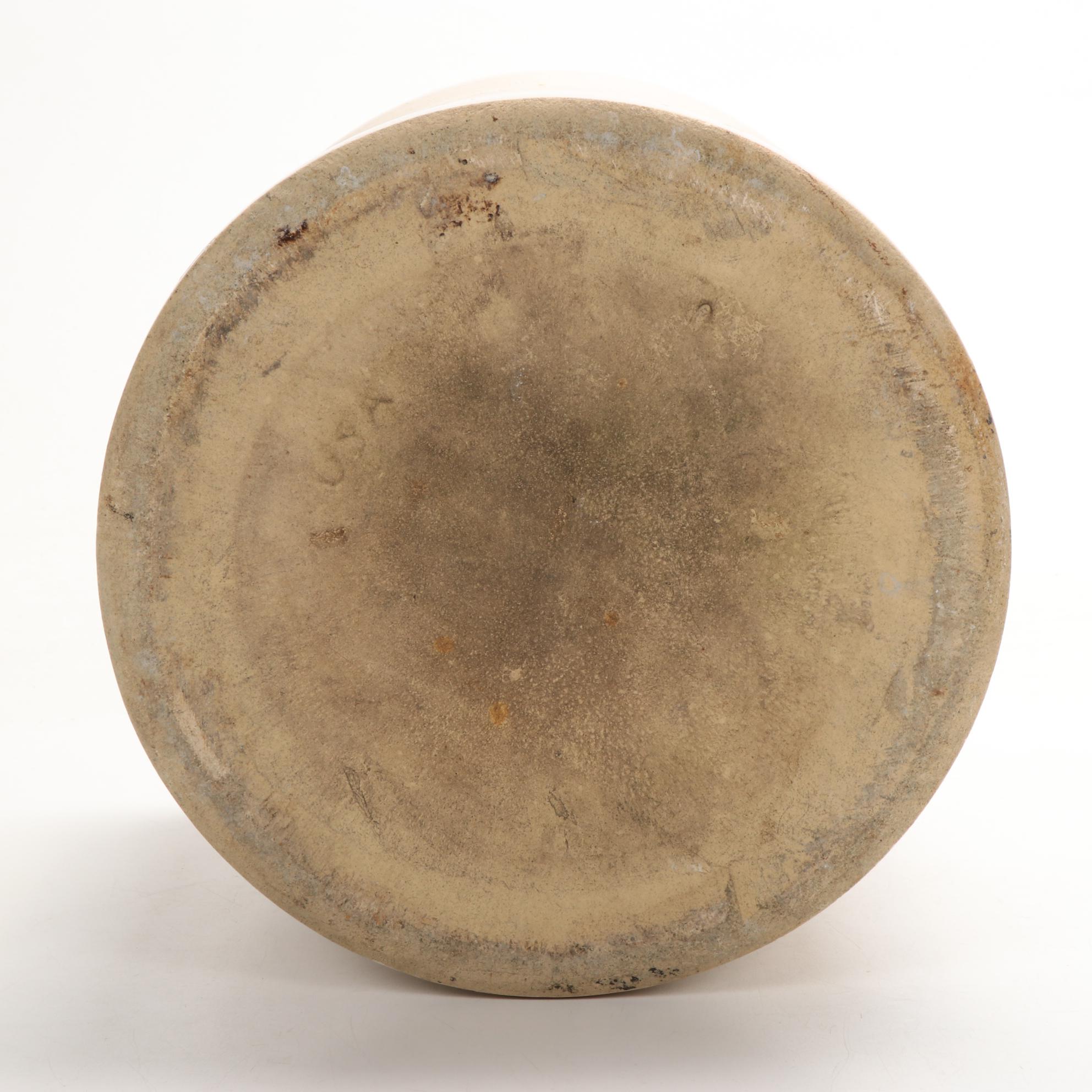 Robinson Ransbottom Blue Crown Crock, Jug, and Cast Iron Cherry Pitter