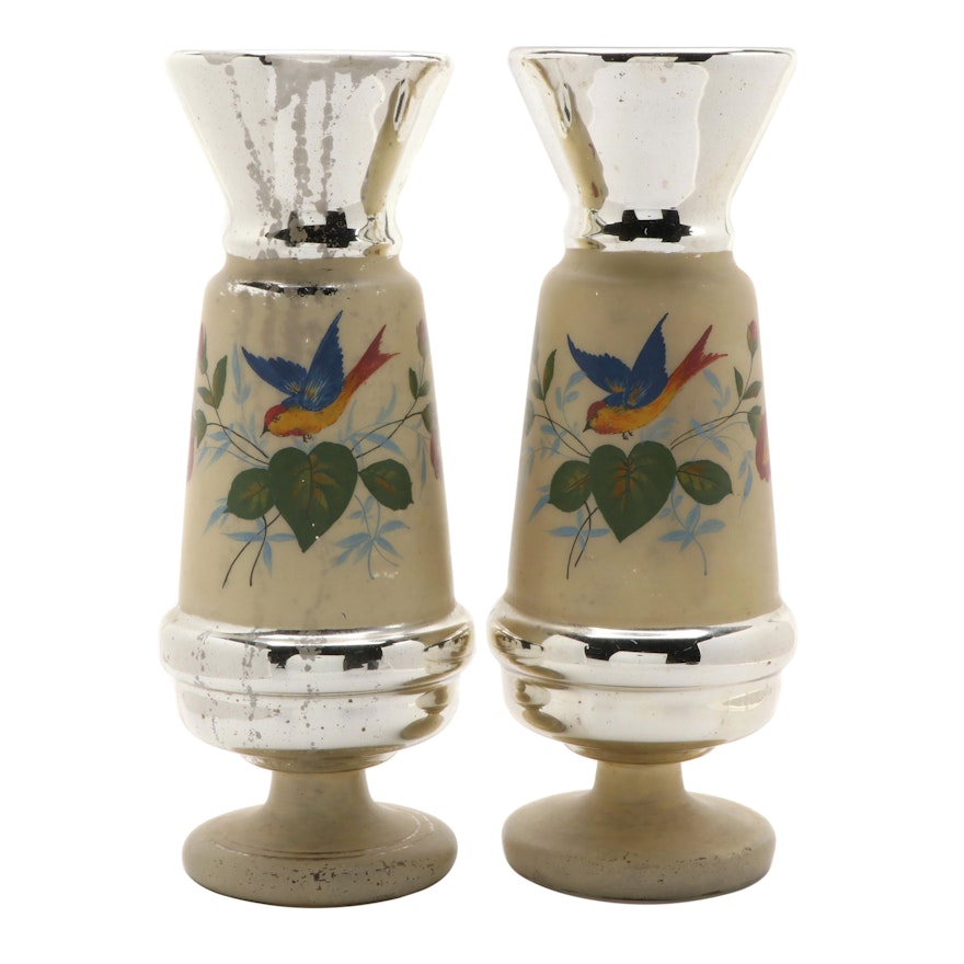 Pair of Victorian Hand-Painted Mercury Glass Vases, Mid to Late 19th Century