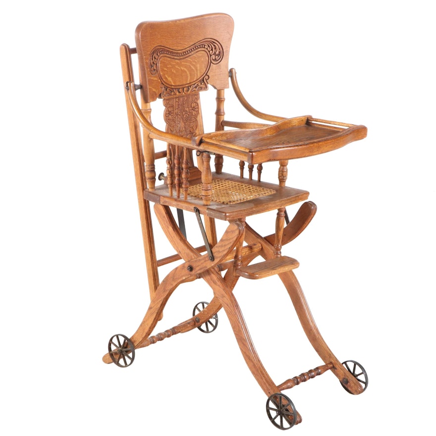 Late Victorian Oak Pressed-Back Child's Highchair Stroller