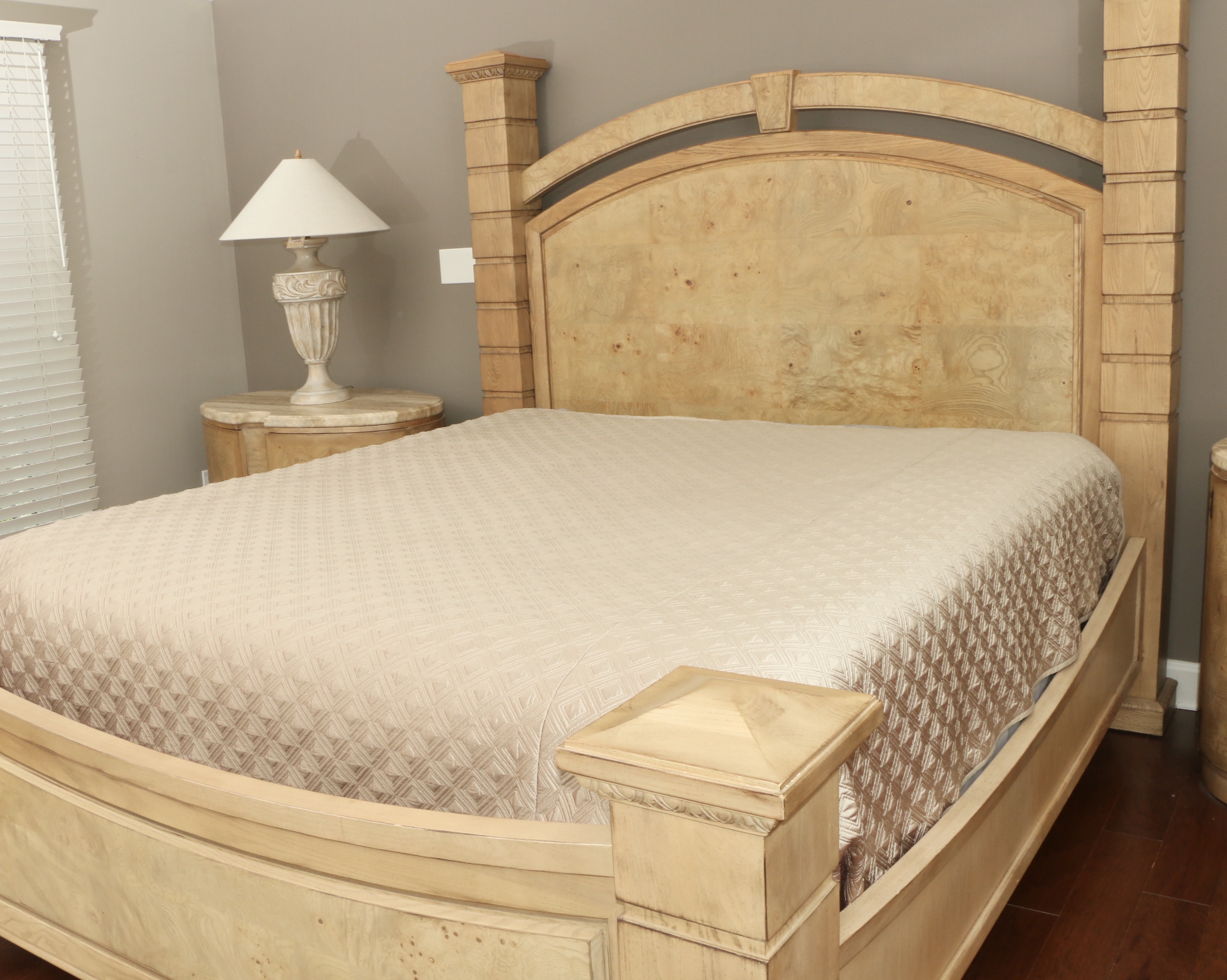 Drexel-Heritage "Insignia" Ash and Burl Wood King Size Bed with Bedding