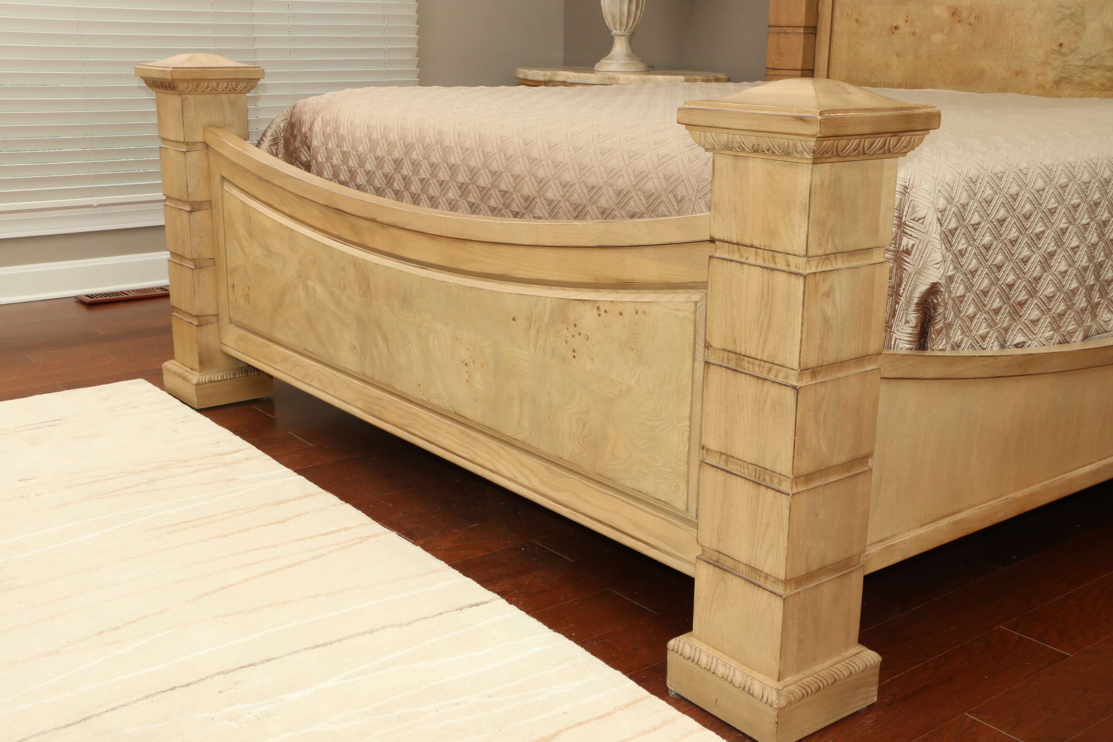 Drexel-Heritage "Insignia" Ash and Burl Wood King Size Bed with Bedding