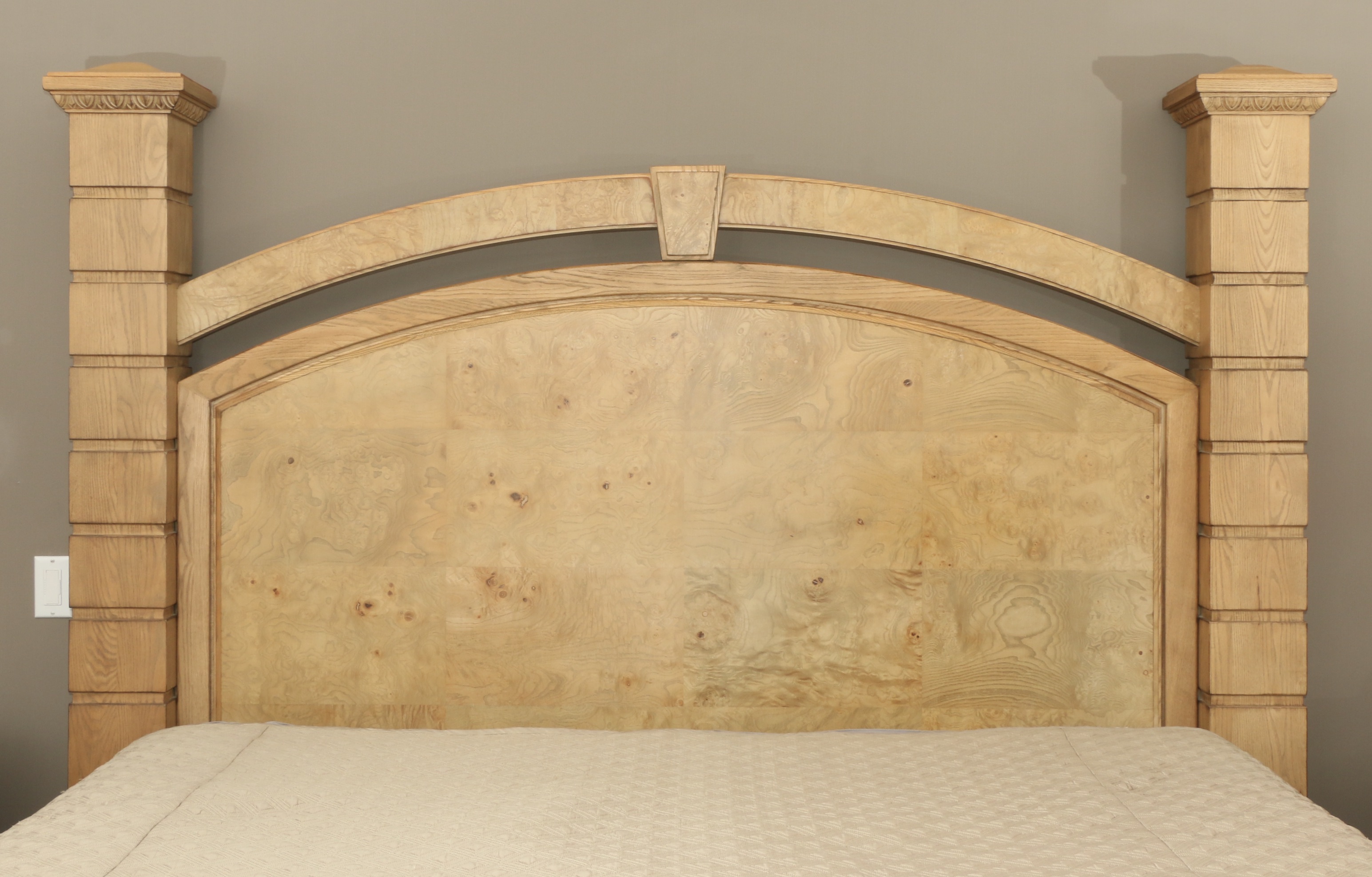 Drexel-Heritage "Insignia" Ash and Burl Wood King Size Bed with Bedding