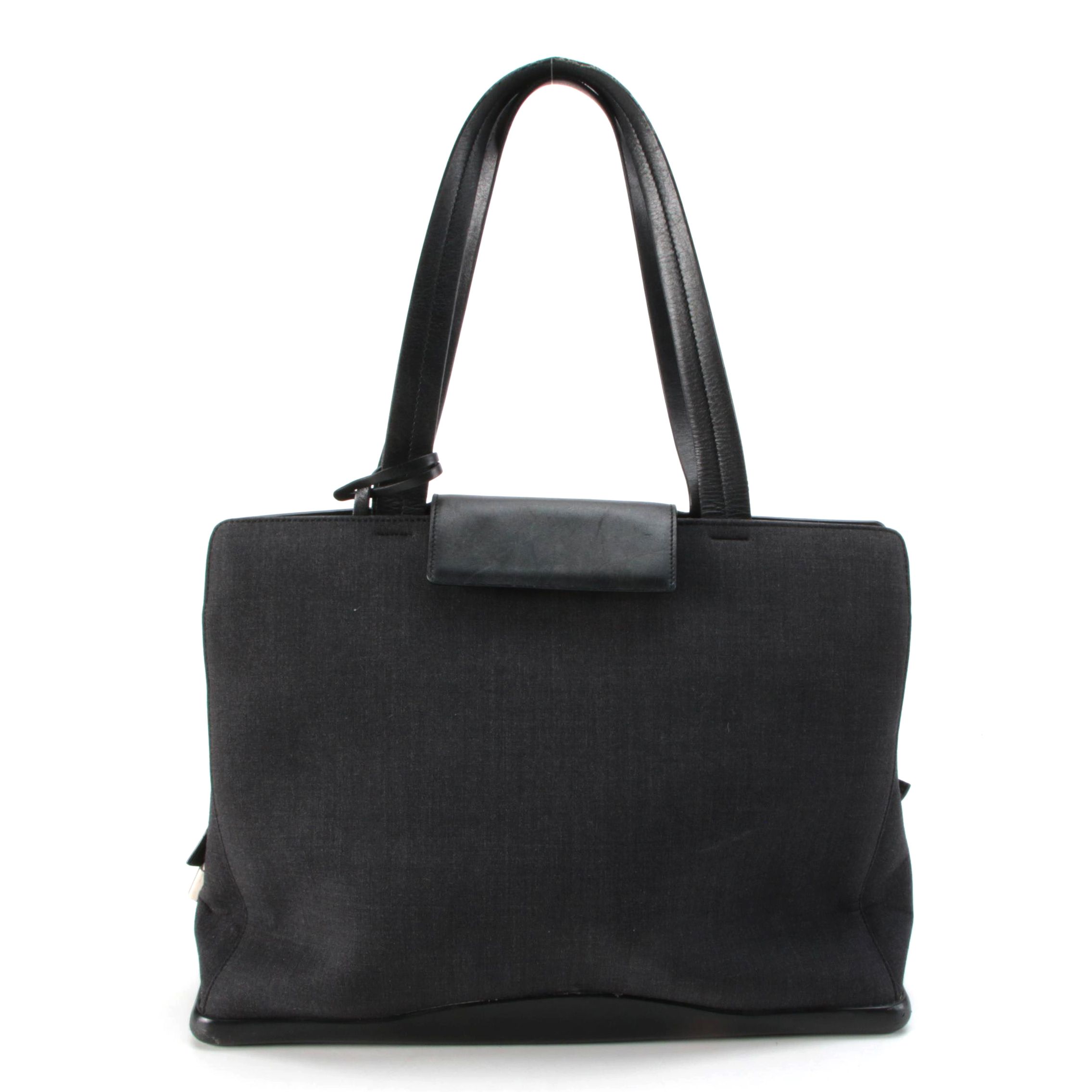 Prada Tote Bag in Grey Nylon Textile and Black Leather