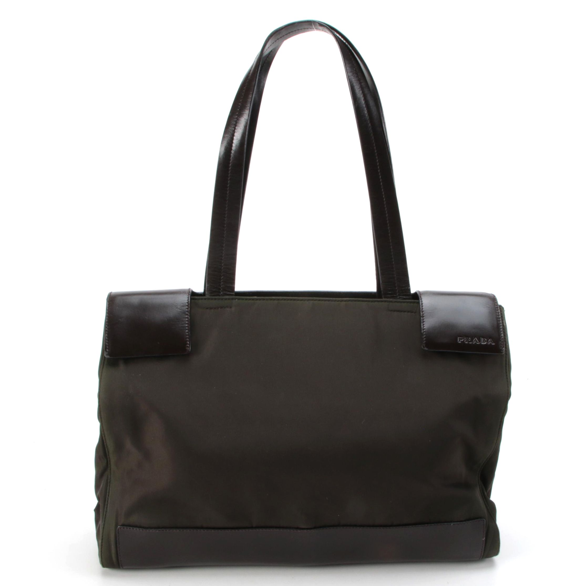 Prada Tote Bag in Dark Olive Green Nylon and Brown Leather