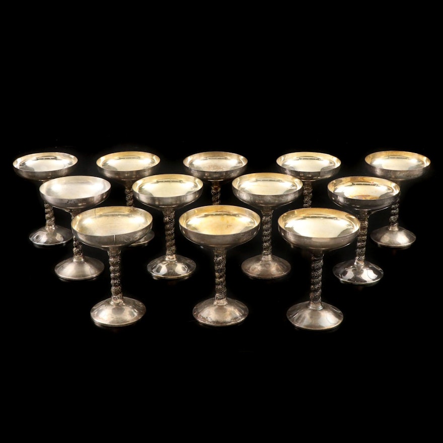 Spanish Silver Plate Champagne Coupes with Grape Vine Stems