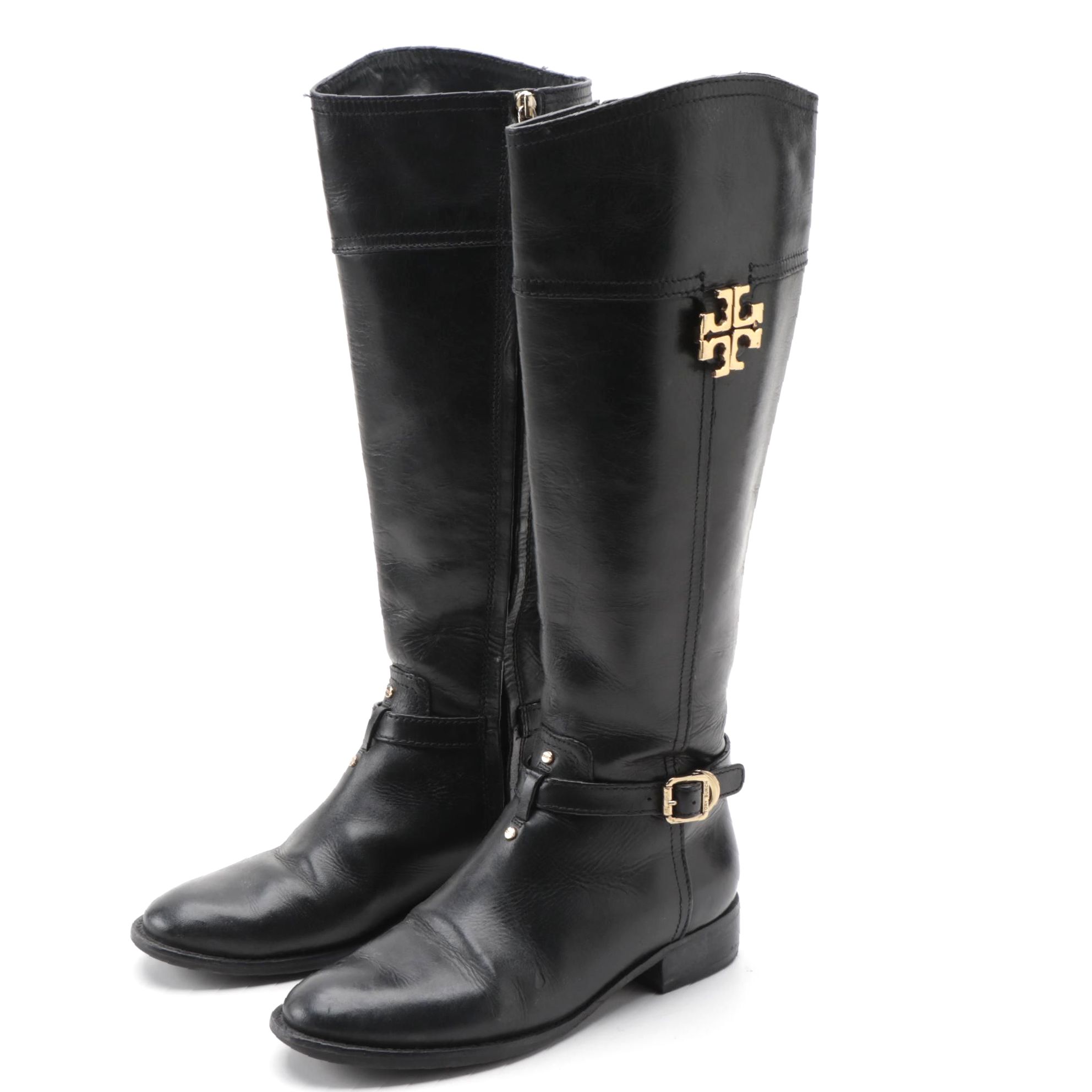 Tory Burch Eloise Black Leather Riding Boots