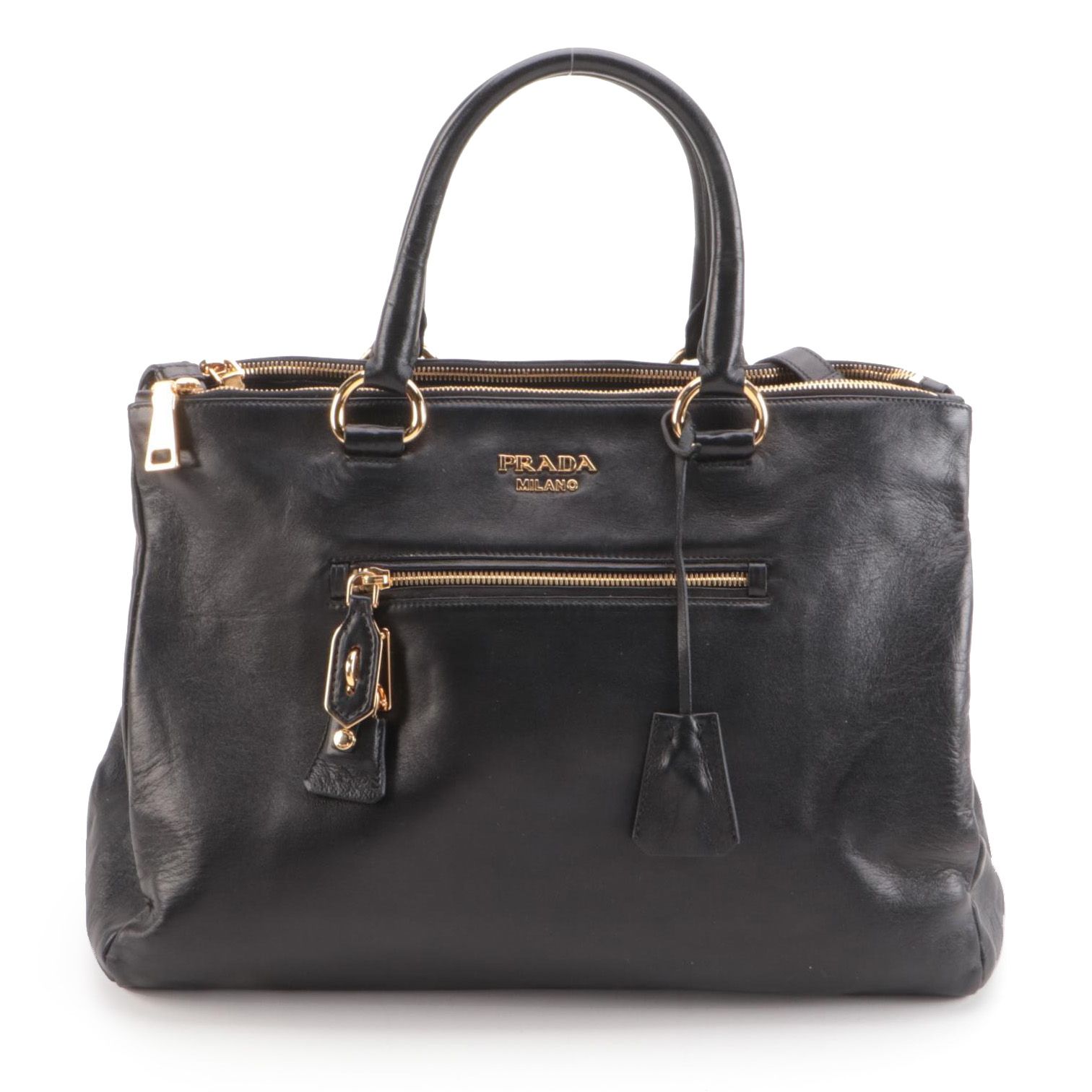 Prada Two-Way Top Handle Bag in Smooth Black Lambskin Leather