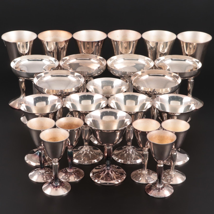 Plator Silver Plate Water Goblets, Champagne Coupes, Sherbets, Cordial Glasses