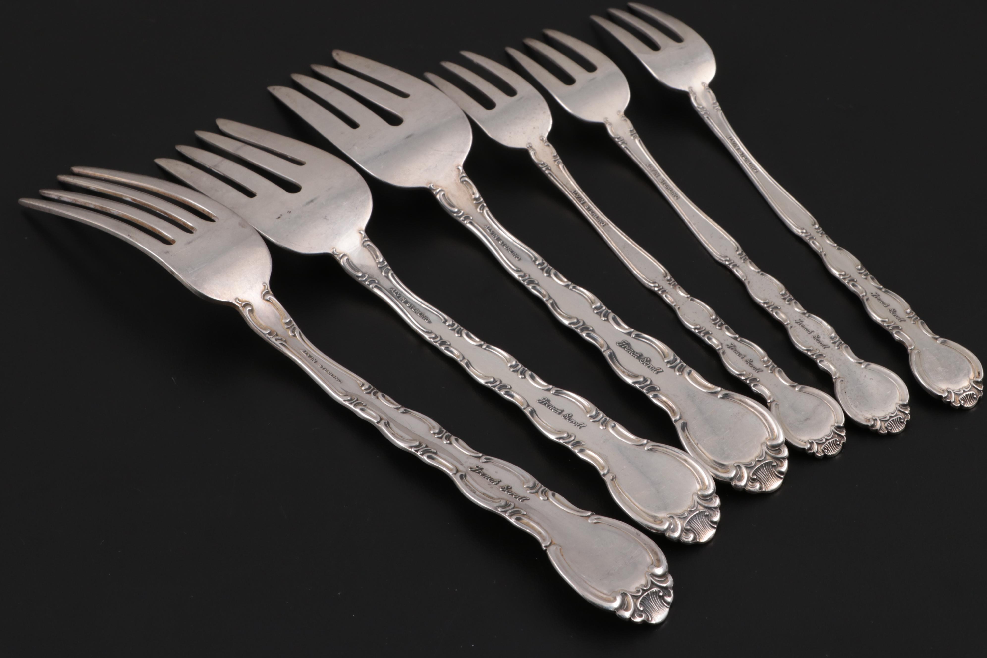 Alvin "French Scroll" Sterling Silver Flatware, Mid to Late 20th Century