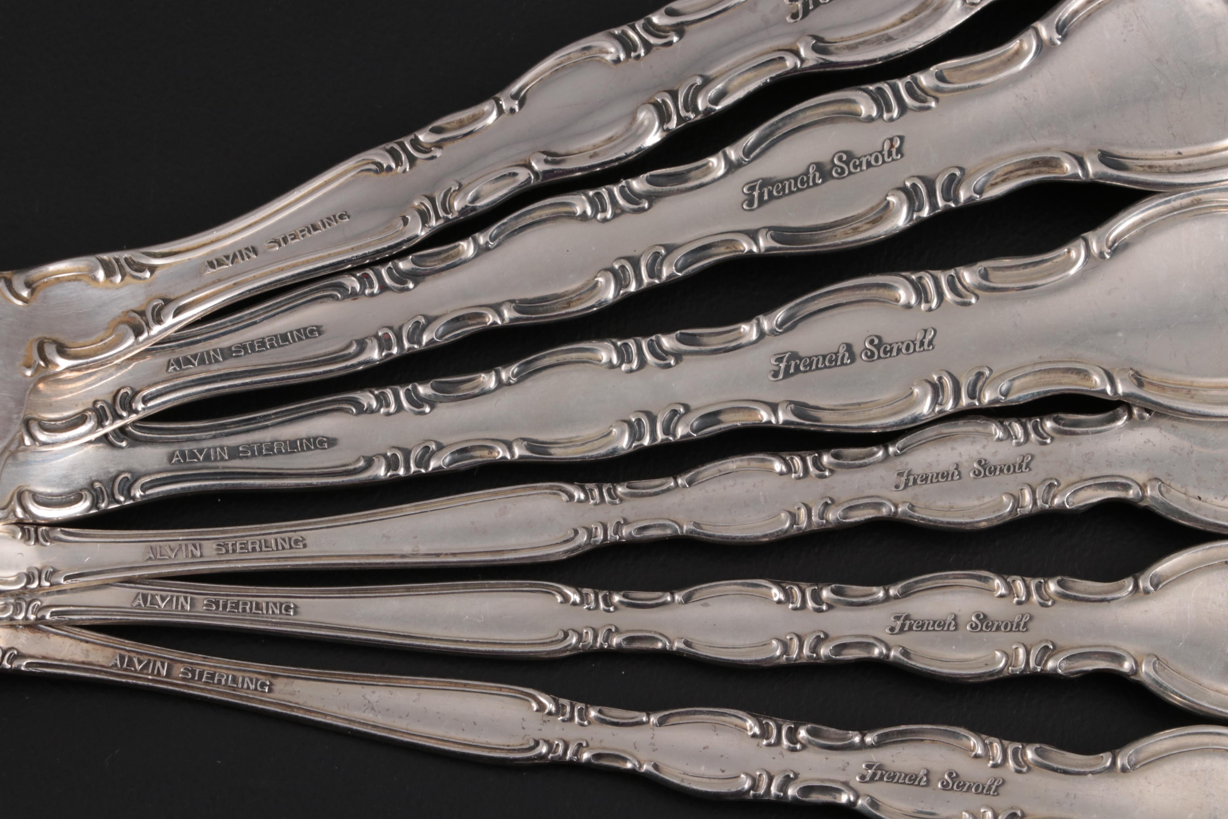 Alvin "French Scroll" Sterling Silver Flatware, Mid to Late 20th Century