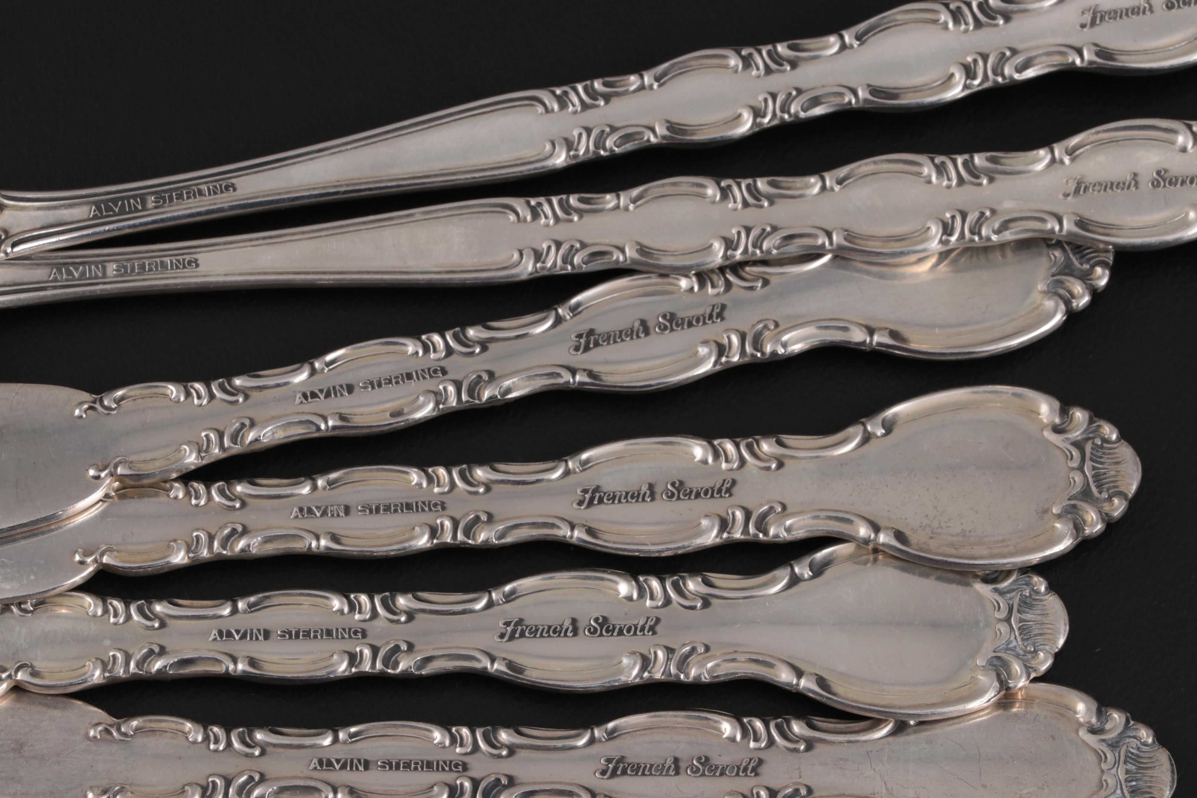 Alvin "French Scroll" Sterling Silver Flatware, Mid to Late 20th Century
