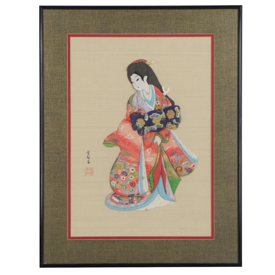 Japanese Chiyogami Paper and Cloth Relief of a Woman