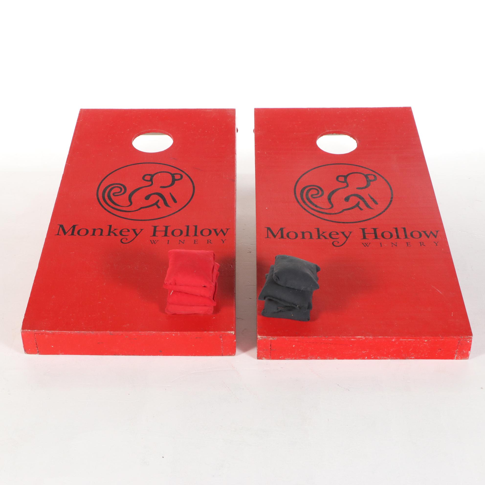 Monkey Hollow Winery Painted Cornhole Game and Oversized Sock Monkey