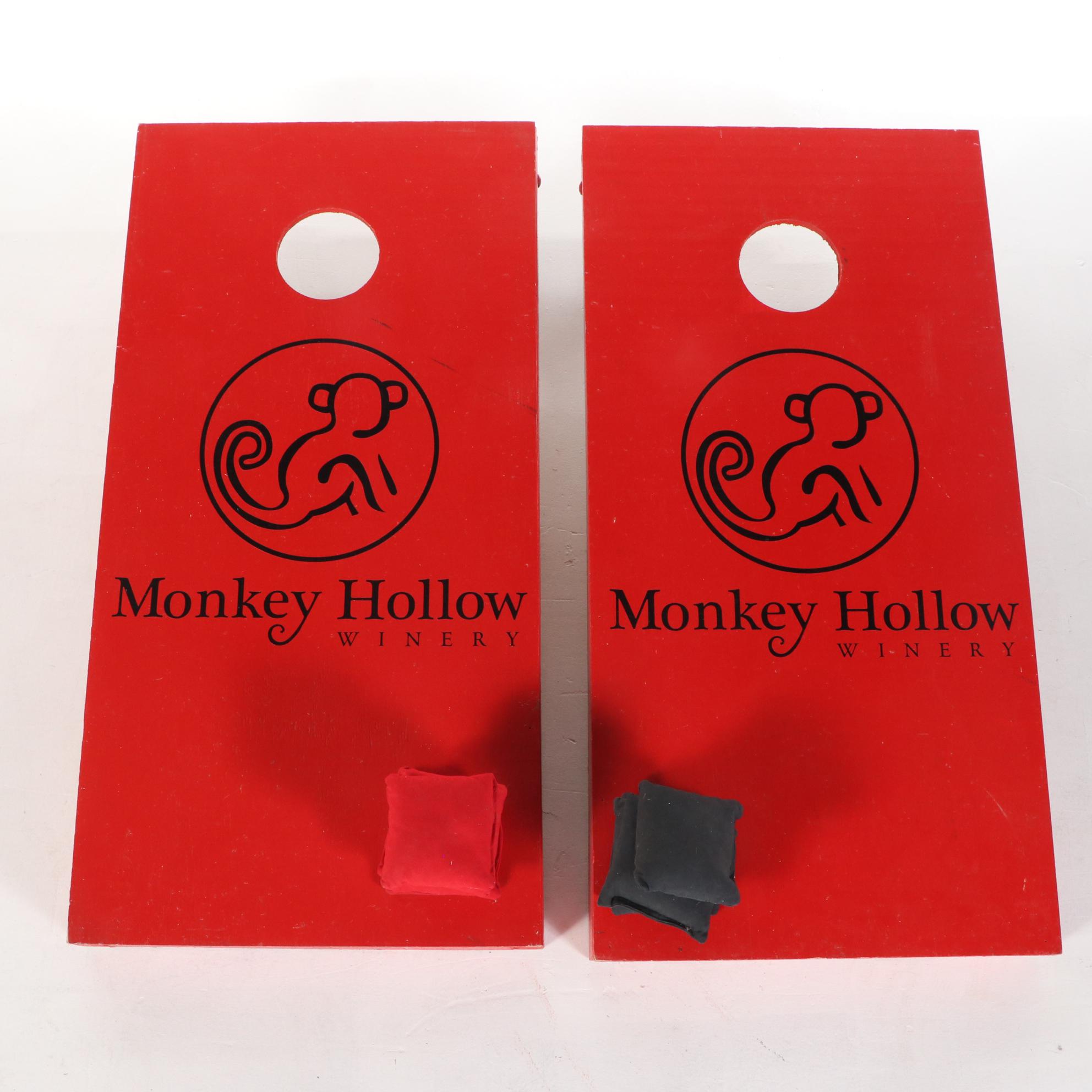 Monkey Hollow Winery Painted Cornhole Game and Oversized Sock Monkey