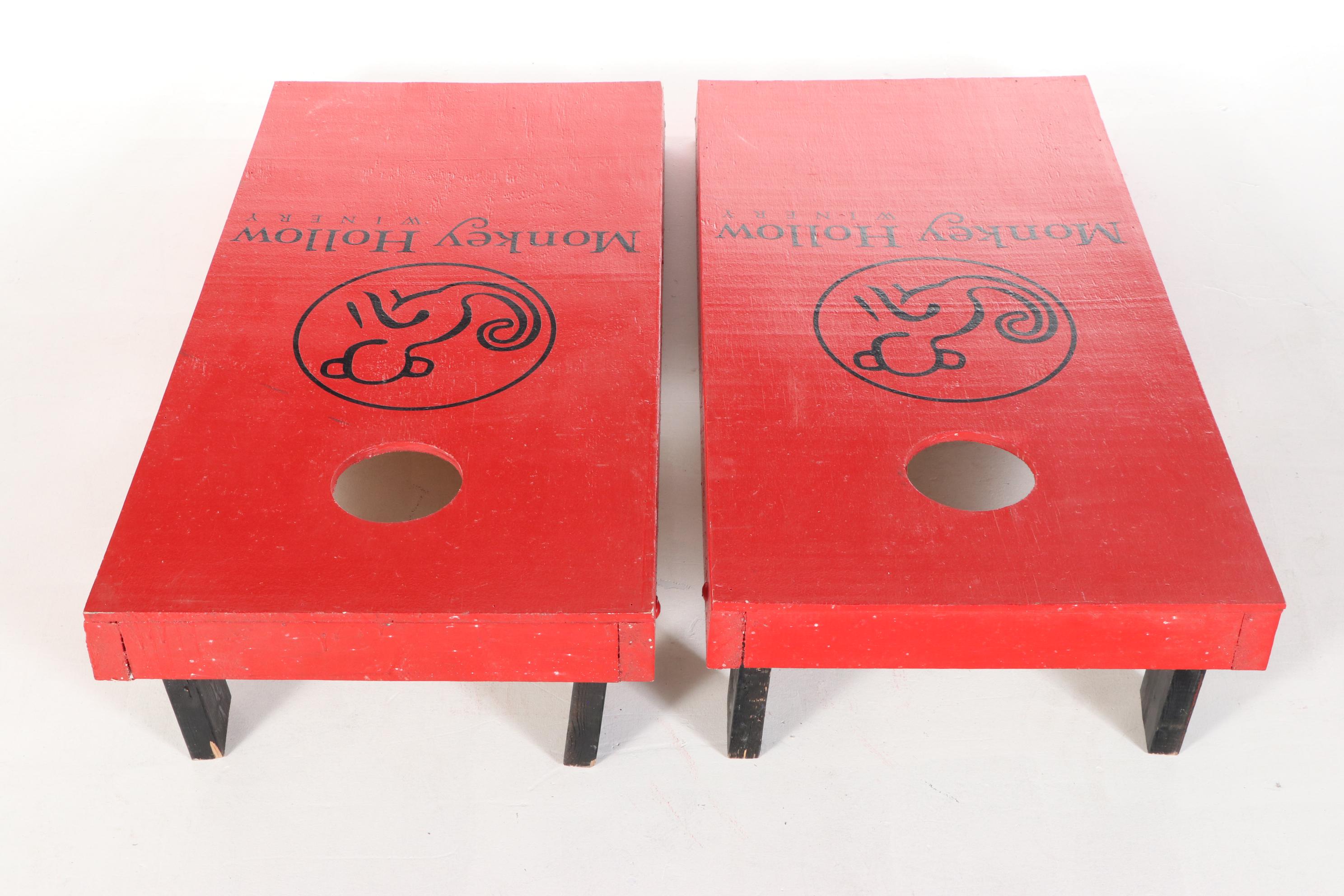 Monkey Hollow Winery Painted Cornhole Game and Oversized Sock Monkey