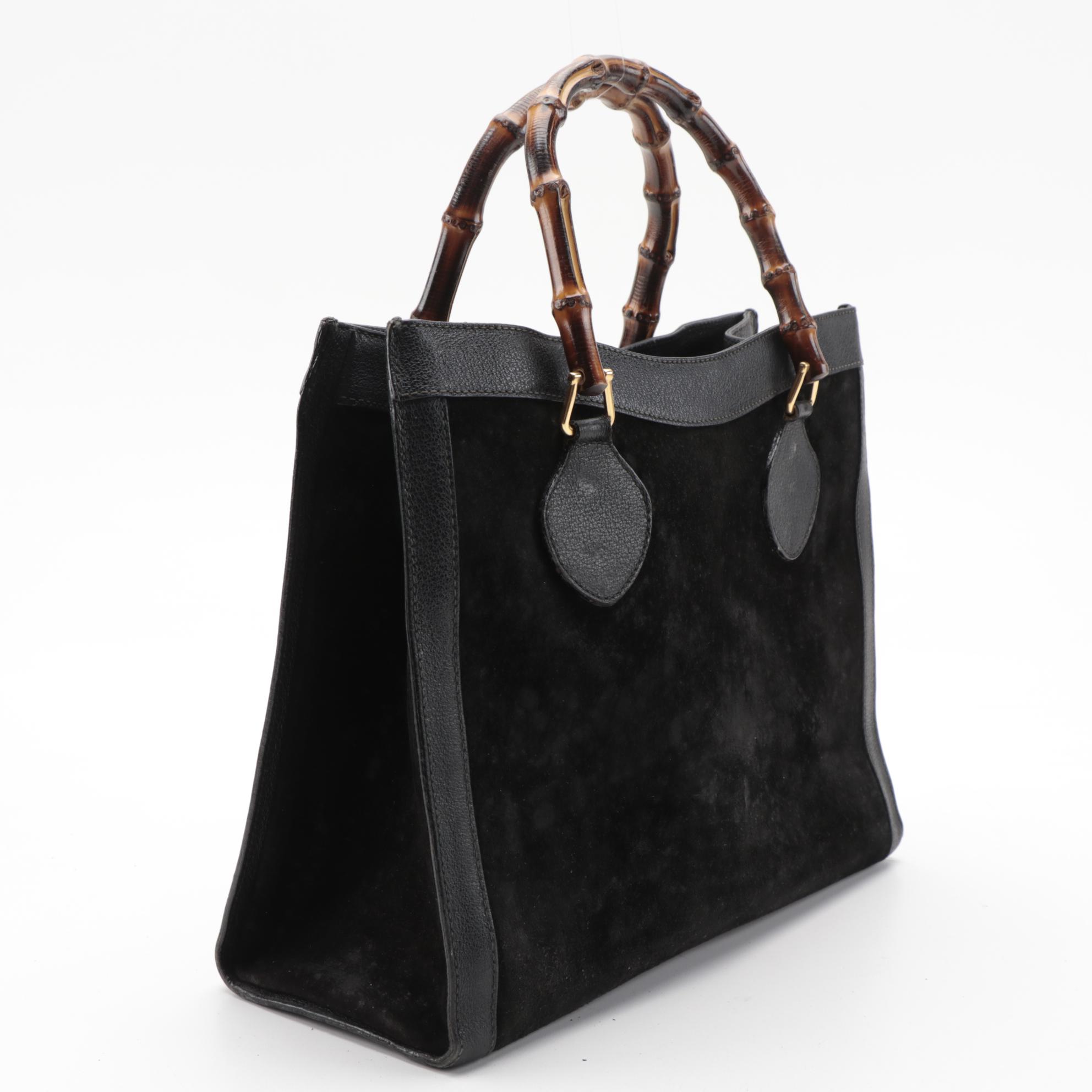Gucci Bamboo Diana Tote Bag in Black Suede and Leather