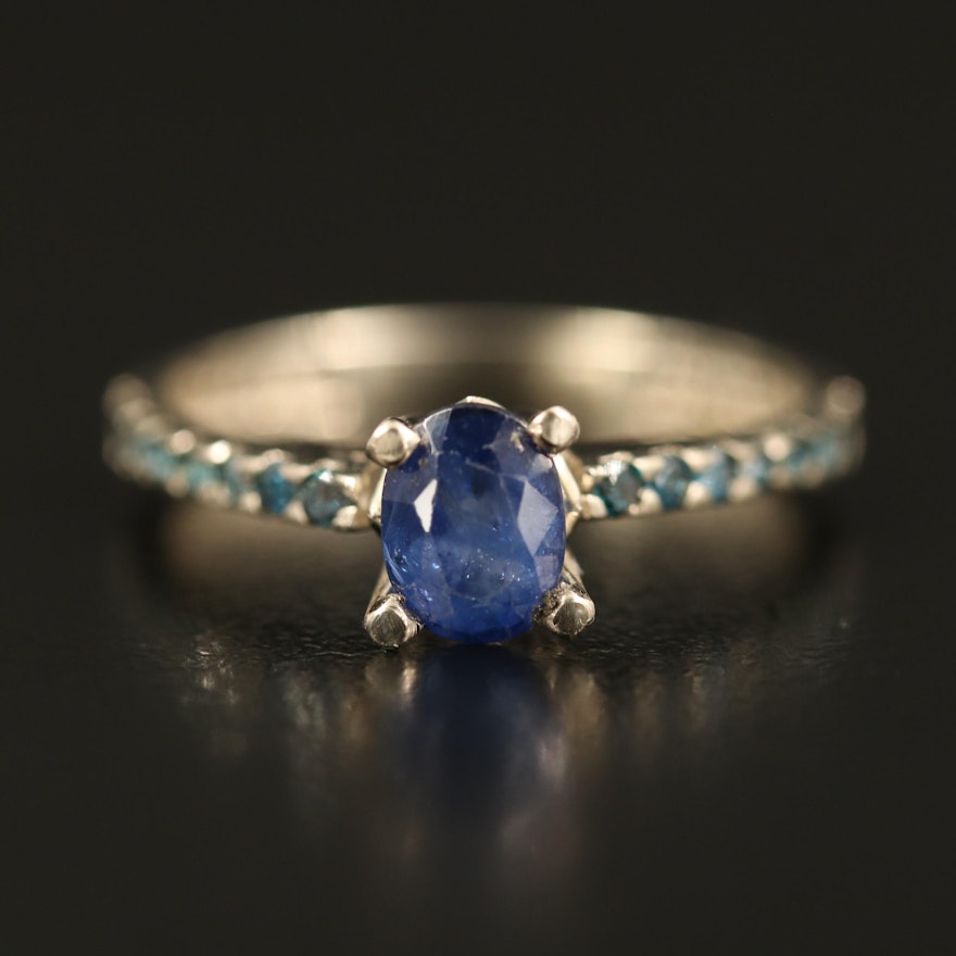 14K Sapphire Cathedral Ring with Diamond Shoulders