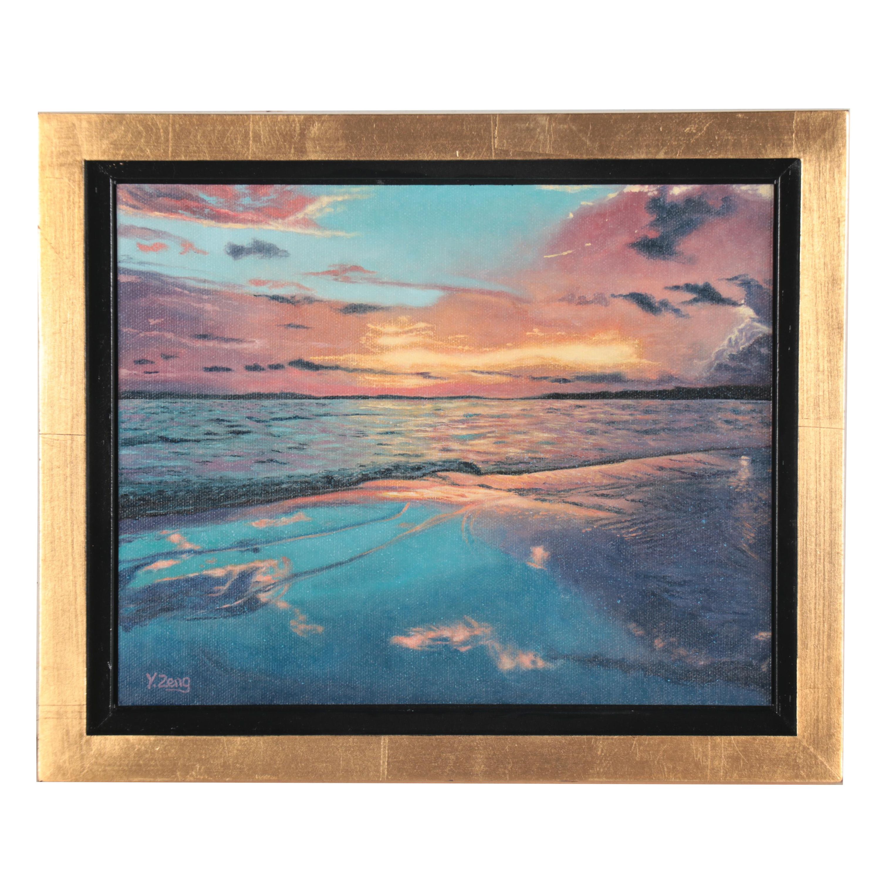 Y. Zeng Landscape Oil Painting of Ocean Sunset