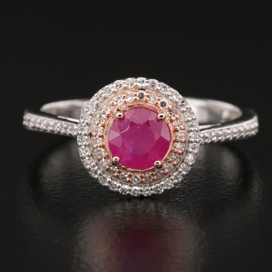 EFFY 14K Ruby and Diamond Double Halo Ring with Rose Gold Accent