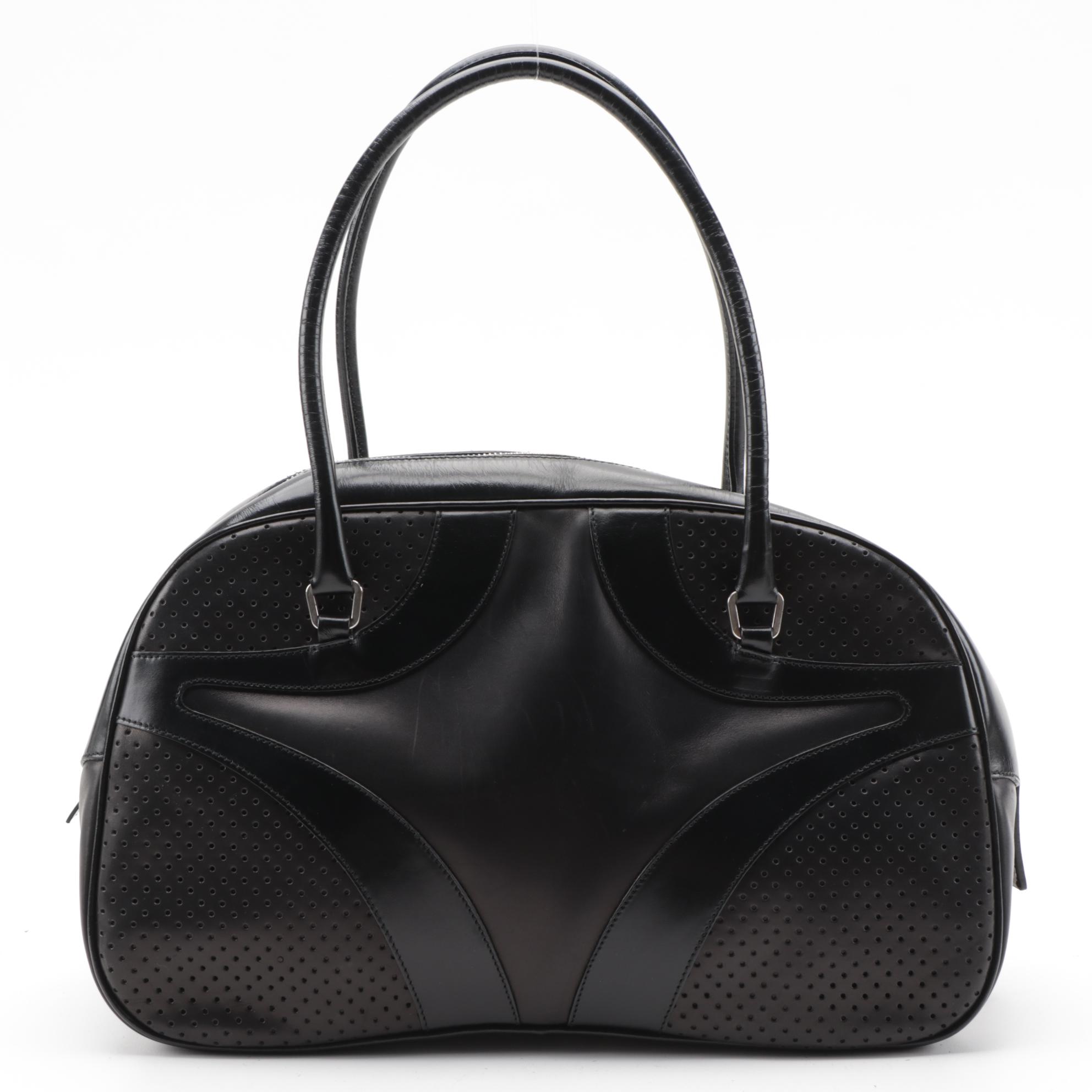 Prada Vitello Drive Perforated Bowler Bag in Black Leather