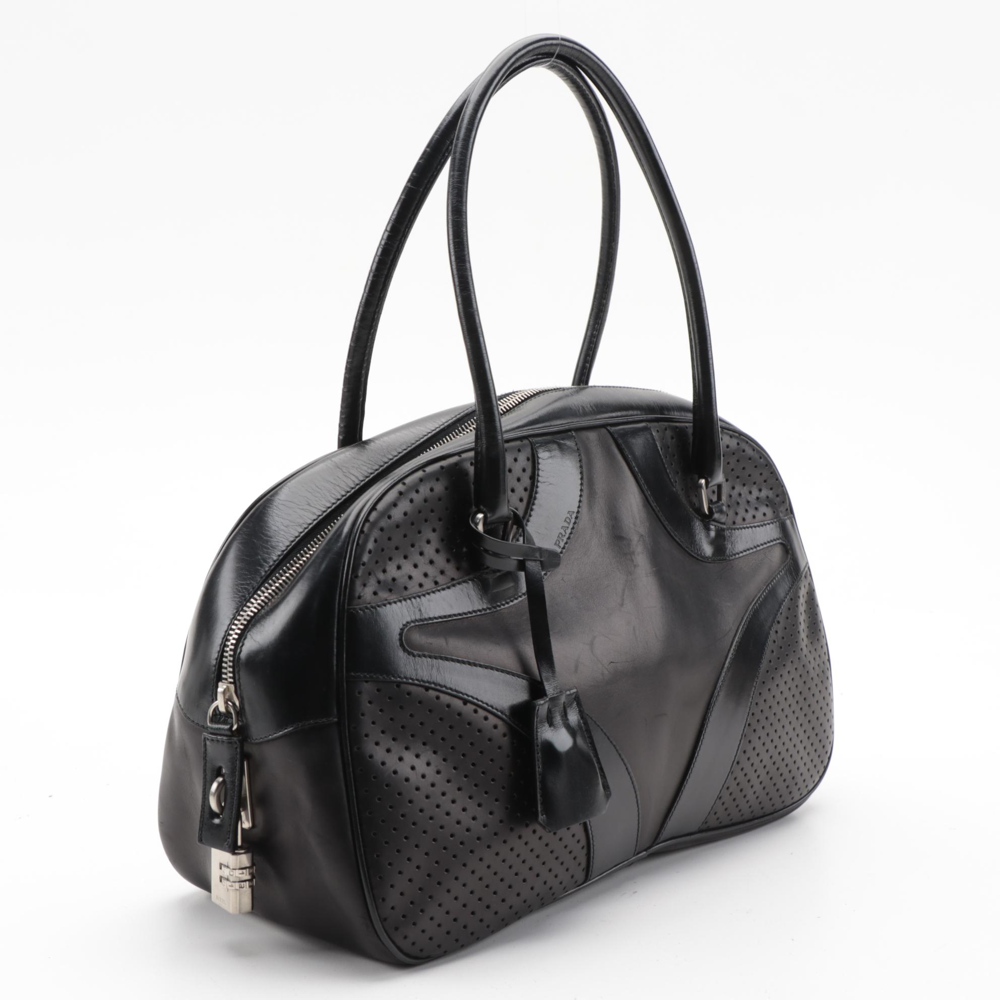 Prada Vitello Drive Perforated Bowler Bag in Black Leather