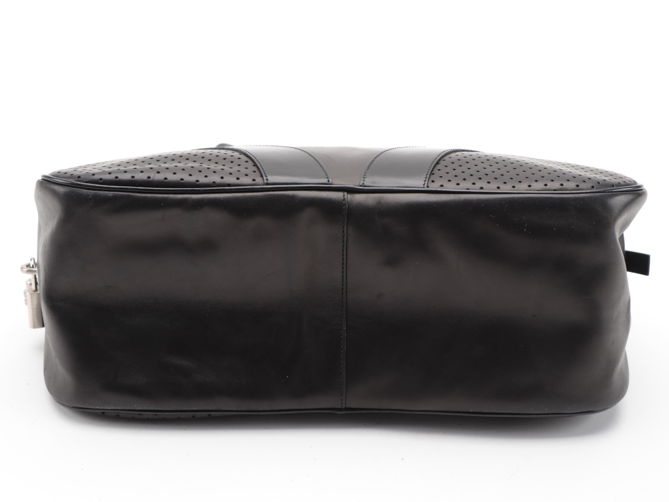 Prada Vitello Drive Perforated Bowler Bag in Black Leather