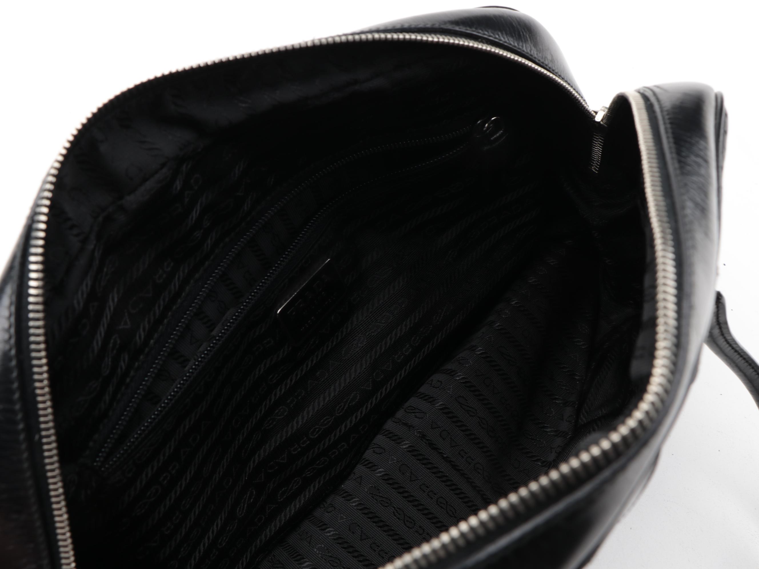 Prada Vitello Drive Perforated Bowler Bag in Black Leather