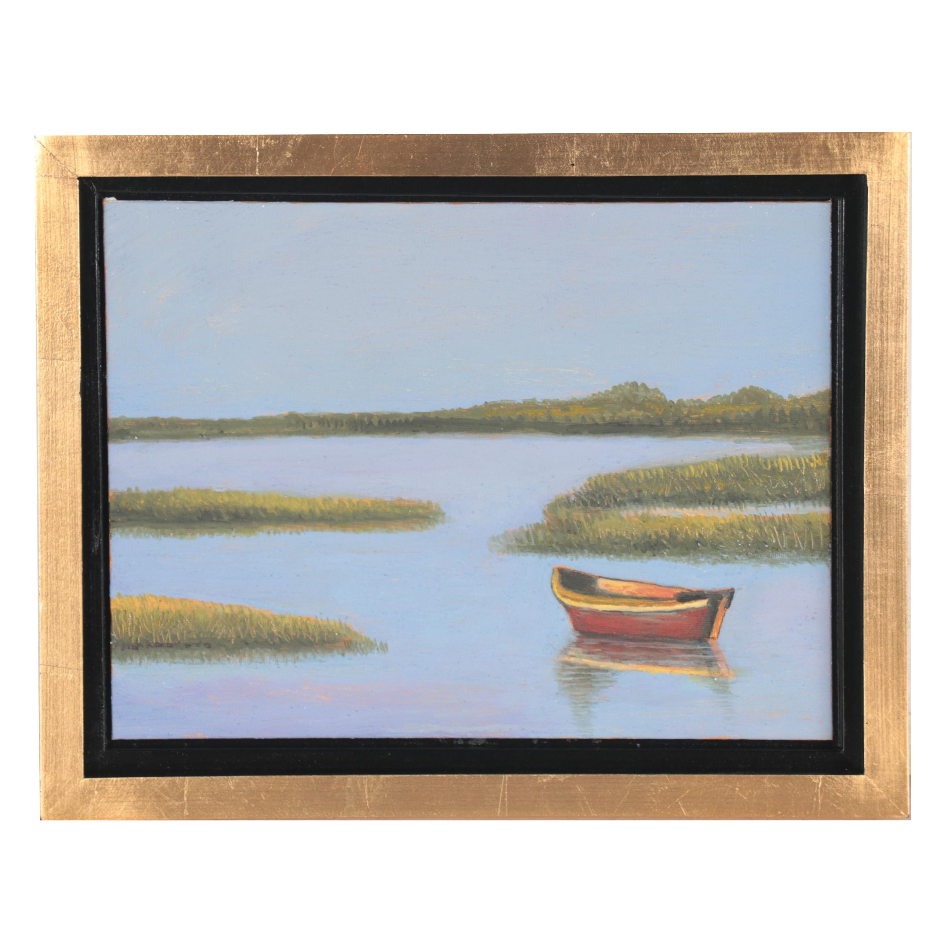 Sulmaz H. Radvand Landscape Oil Painting of Lake Scene with Boat