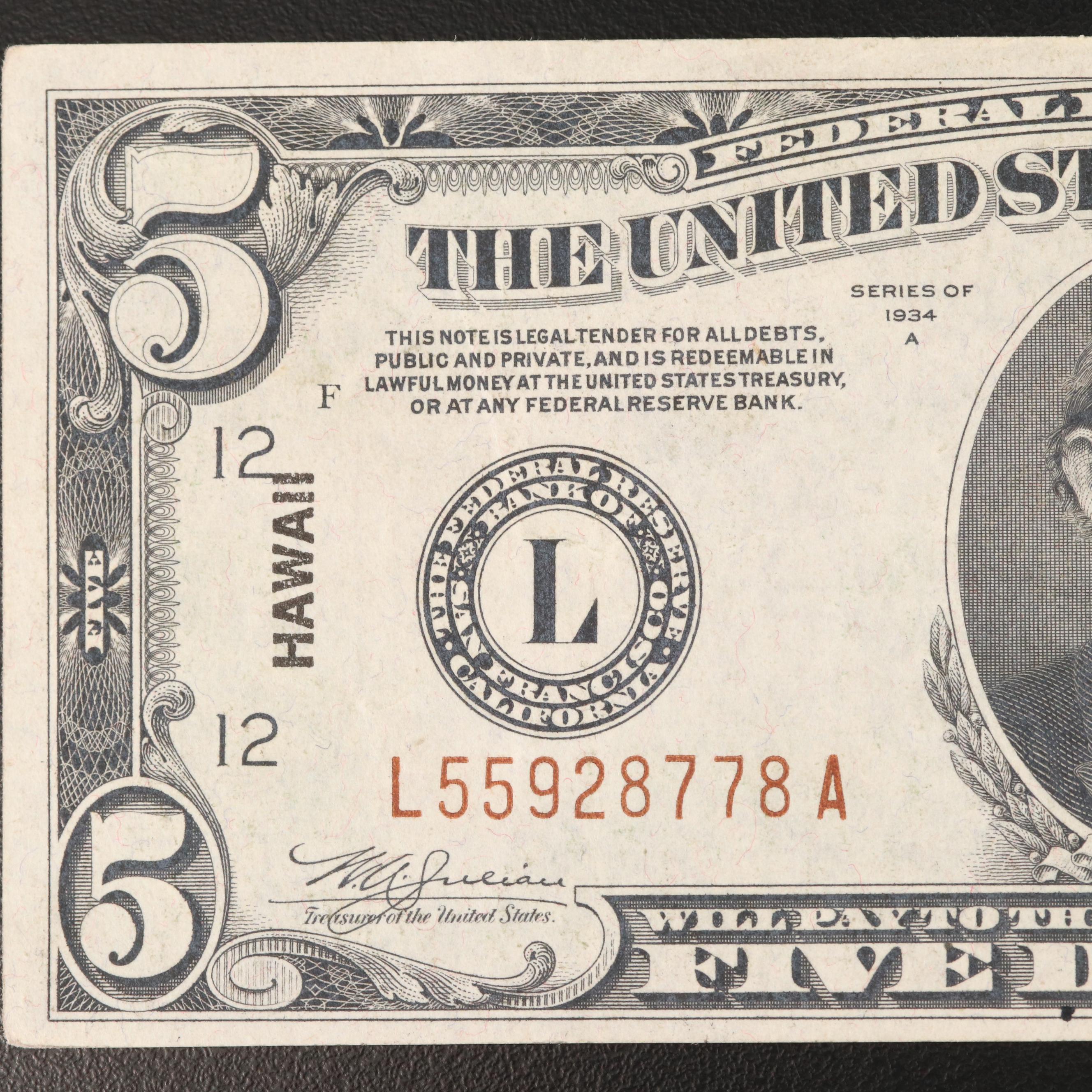 Series 1934A "Hawaii Overprint" $5 Federal Reserve Note