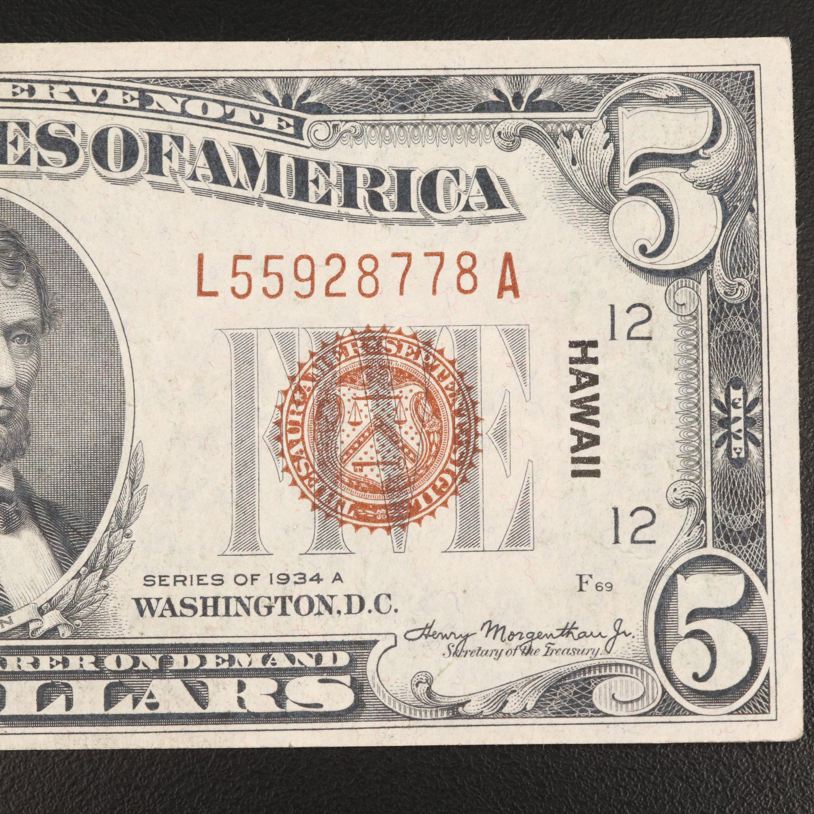Series 1934A "Hawaii Overprint" $5 Federal Reserve Note