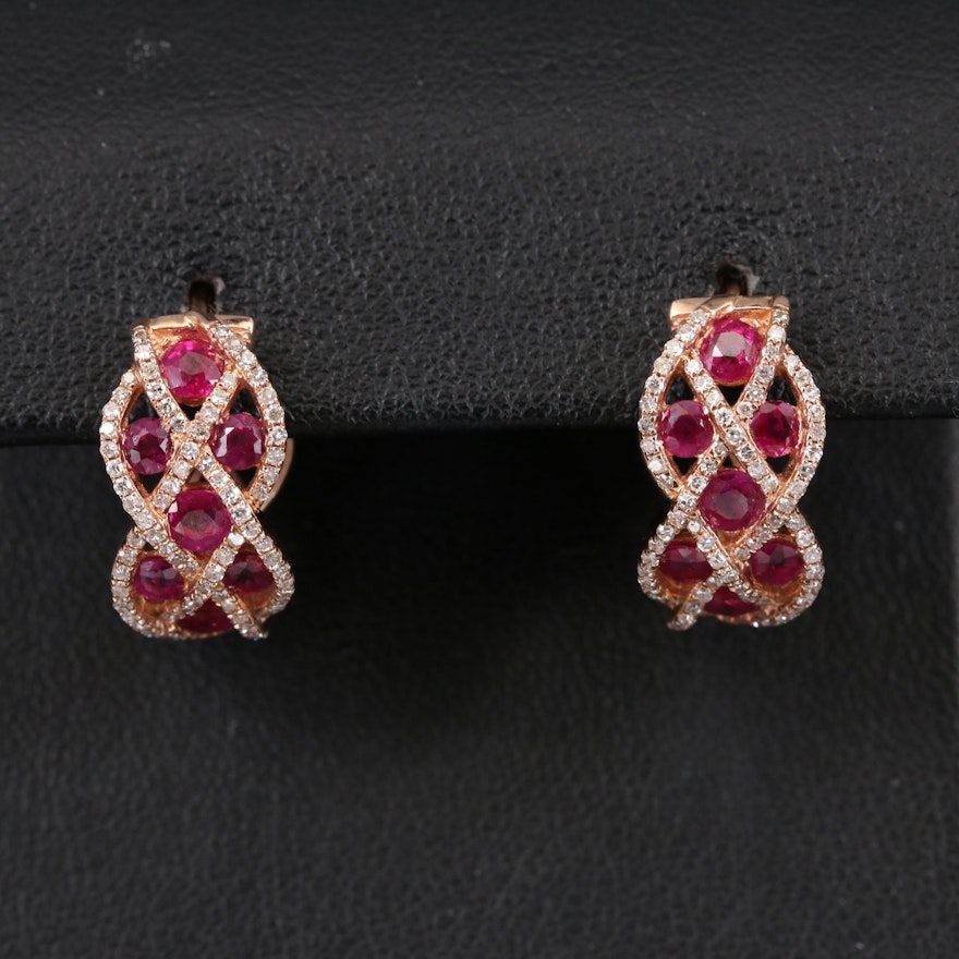 EFFY 14K Rose Gold Ruby and Diamond Huggie Earrings