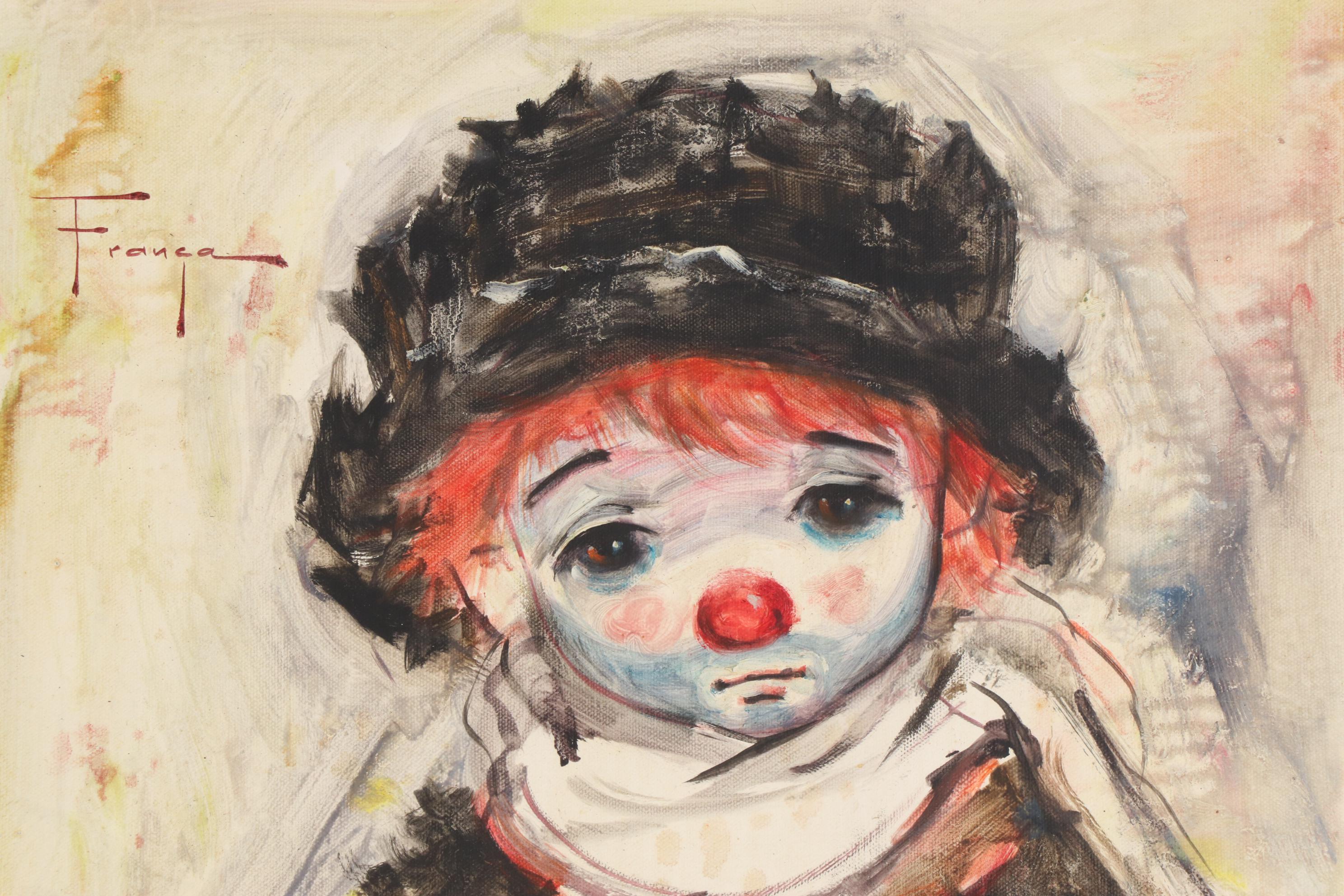 Ozz França Oil Painting of Clown Holding Dove, Mid to Late 20th Century