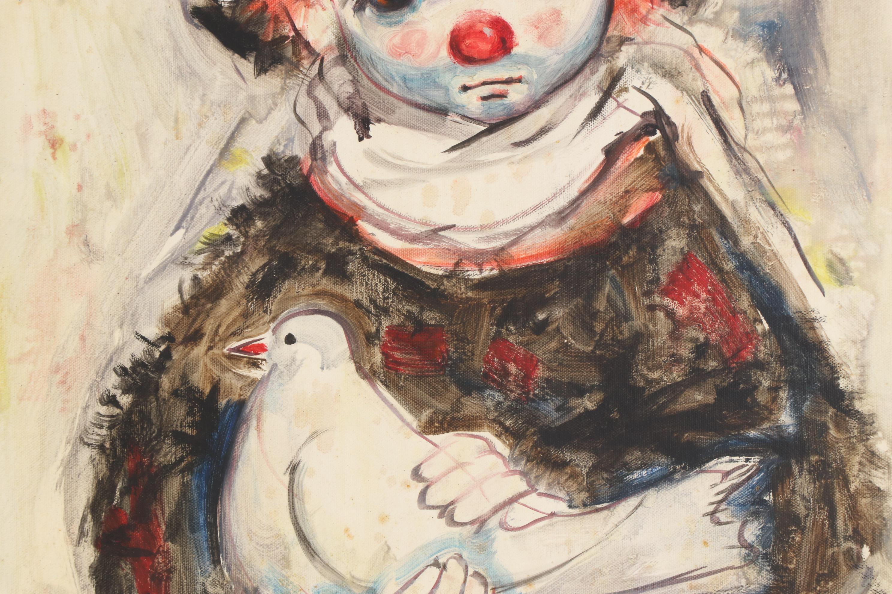 Ozz França Oil Painting of Clown Holding Dove, Mid to Late 20th Century